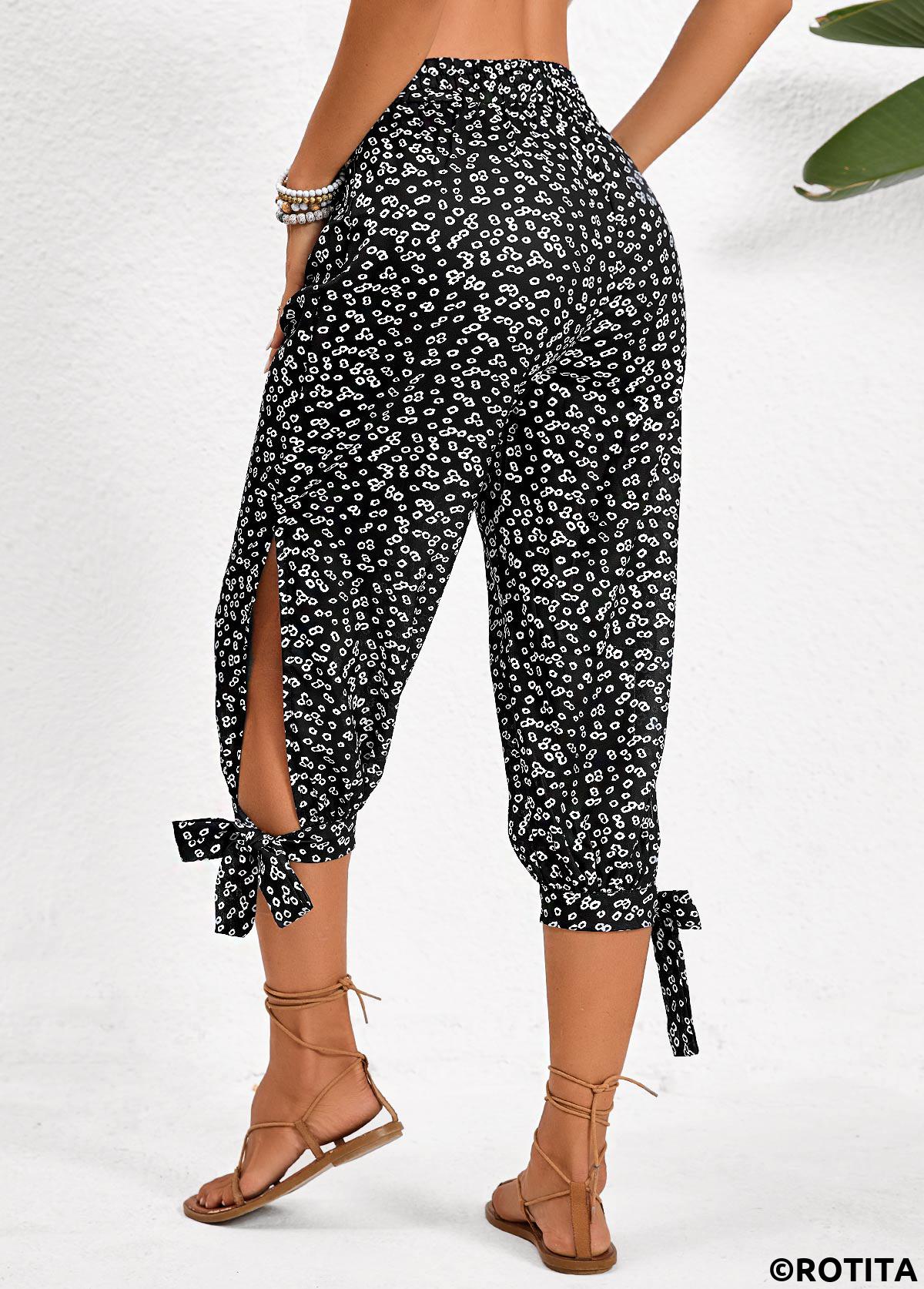 Black bottoms,Ditsy Floral bottoms,ROTITA Split Ditsy Floral Print Black Jogger Elastic Waist Pants