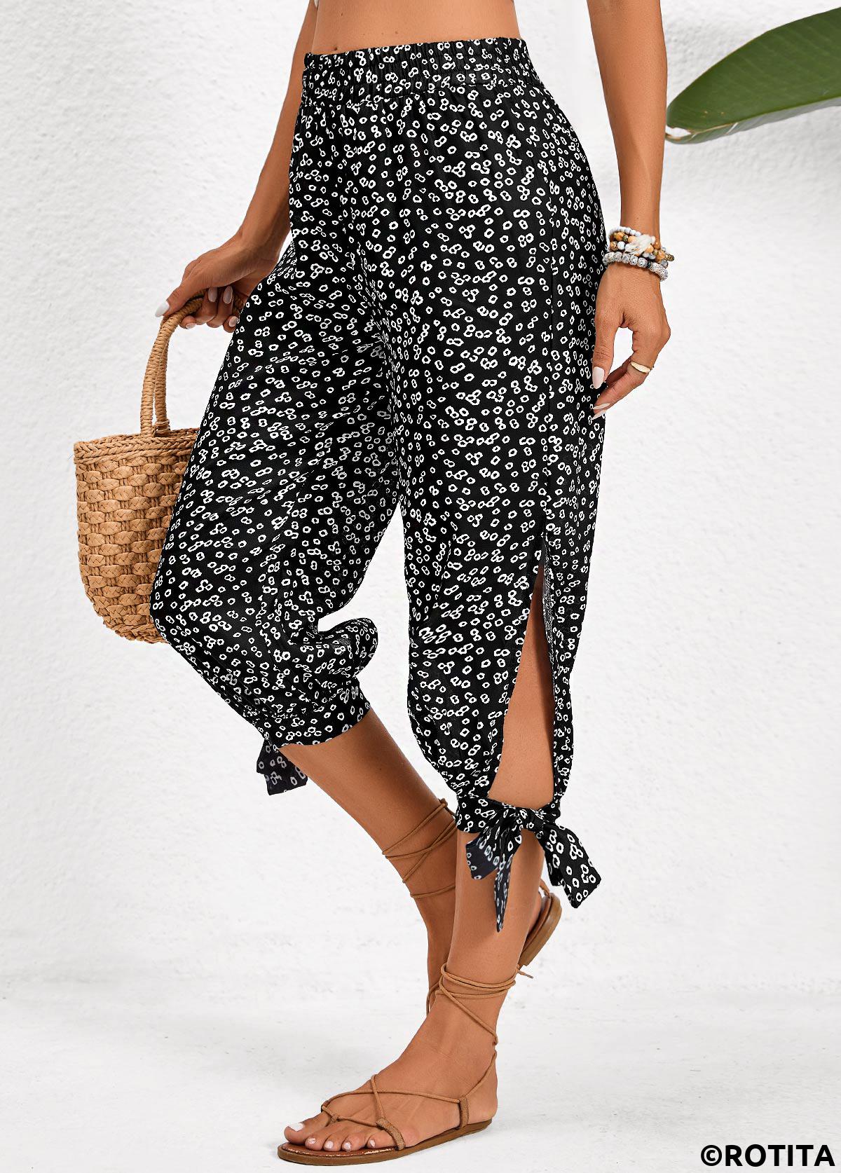 Black bottoms,Ditsy Floral bottoms,ROTITA Split Ditsy Floral Print Black Jogger Elastic Waist Pants