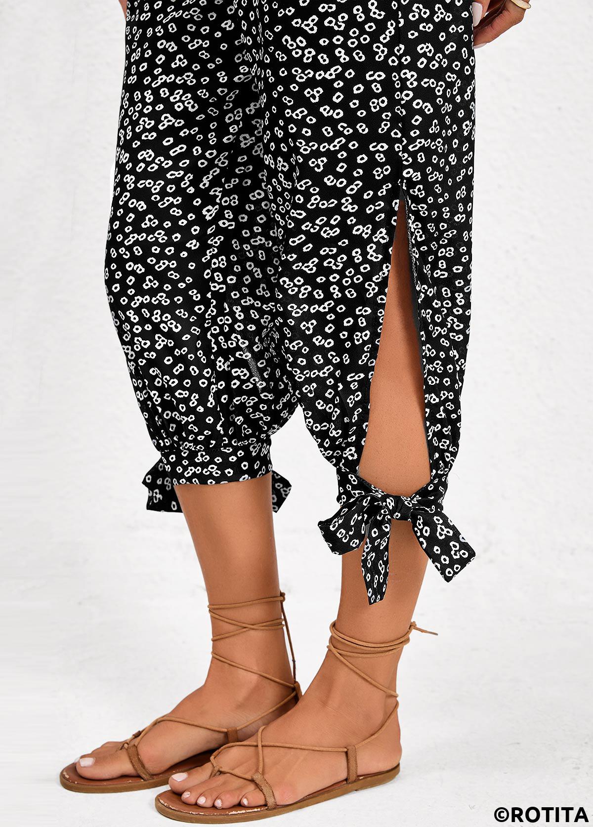 Black bottoms,Ditsy Floral bottoms,ROTITA Split Ditsy Floral Print Black Jogger Elastic Waist Pants
