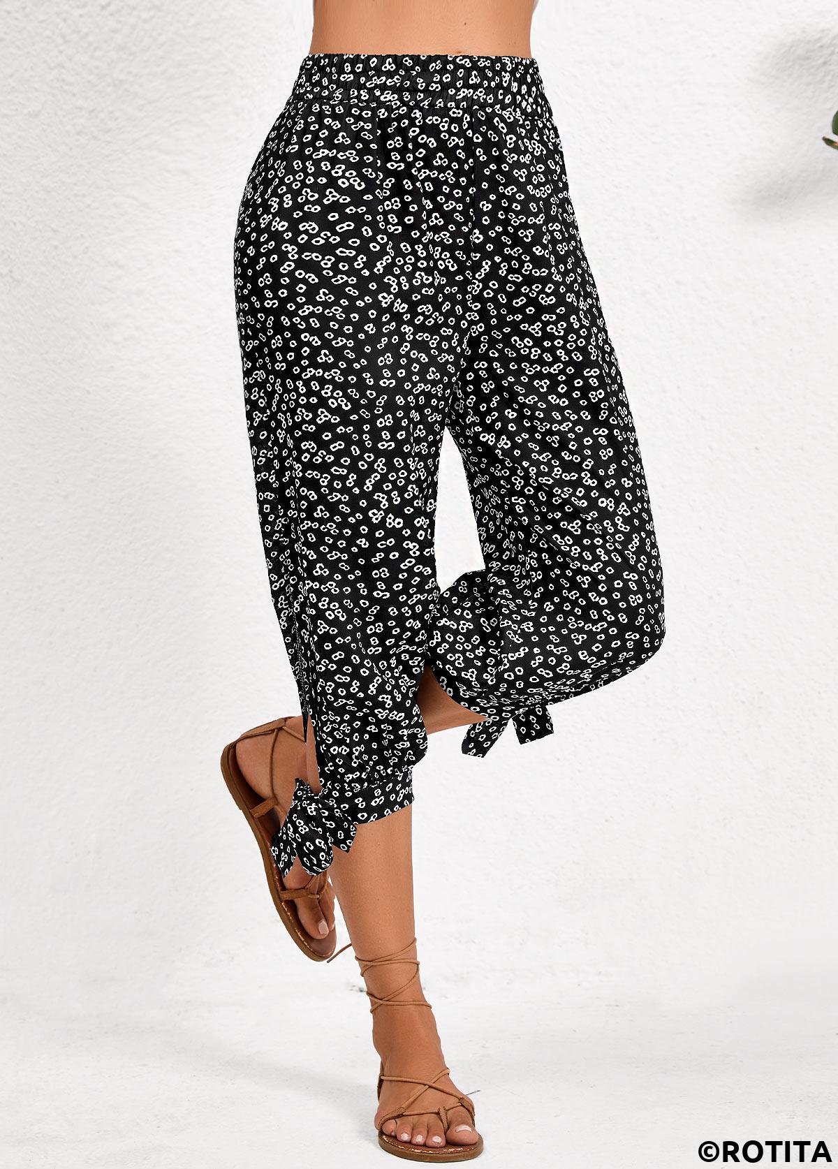 Black bottoms,Ditsy Floral bottoms,ROTITA Split Ditsy Floral Print Black Jogger Elastic Waist Pants