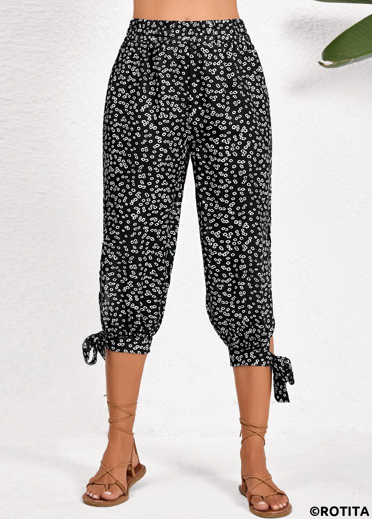 Black bottoms,Ditsy Floral bottoms,ROTITA Split Ditsy Floral Print Black Jogger Elastic Waist Pants