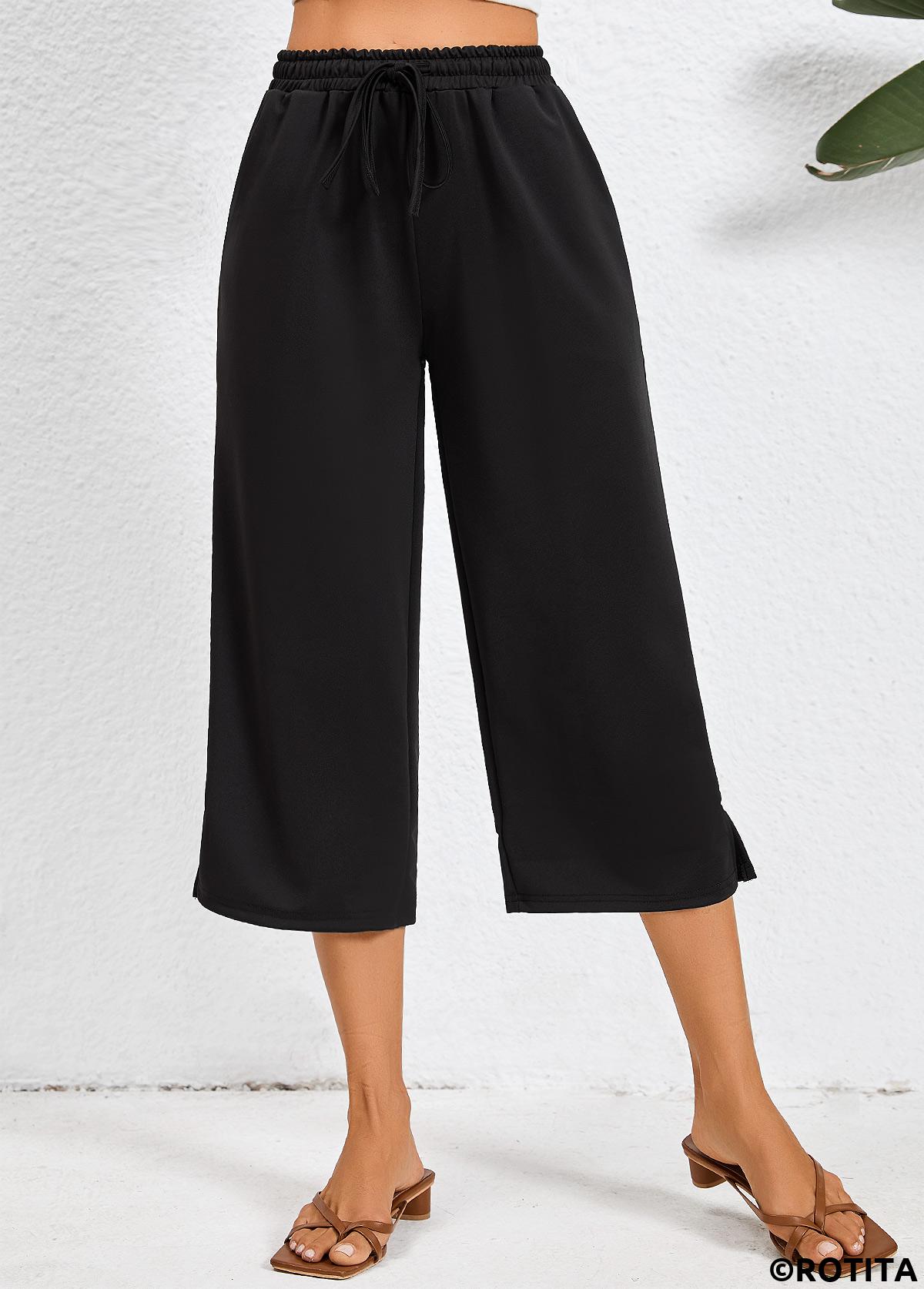 Black bottoms,Plain Color bottoms,Pocket Black Elastic Waist High Waisted Pants