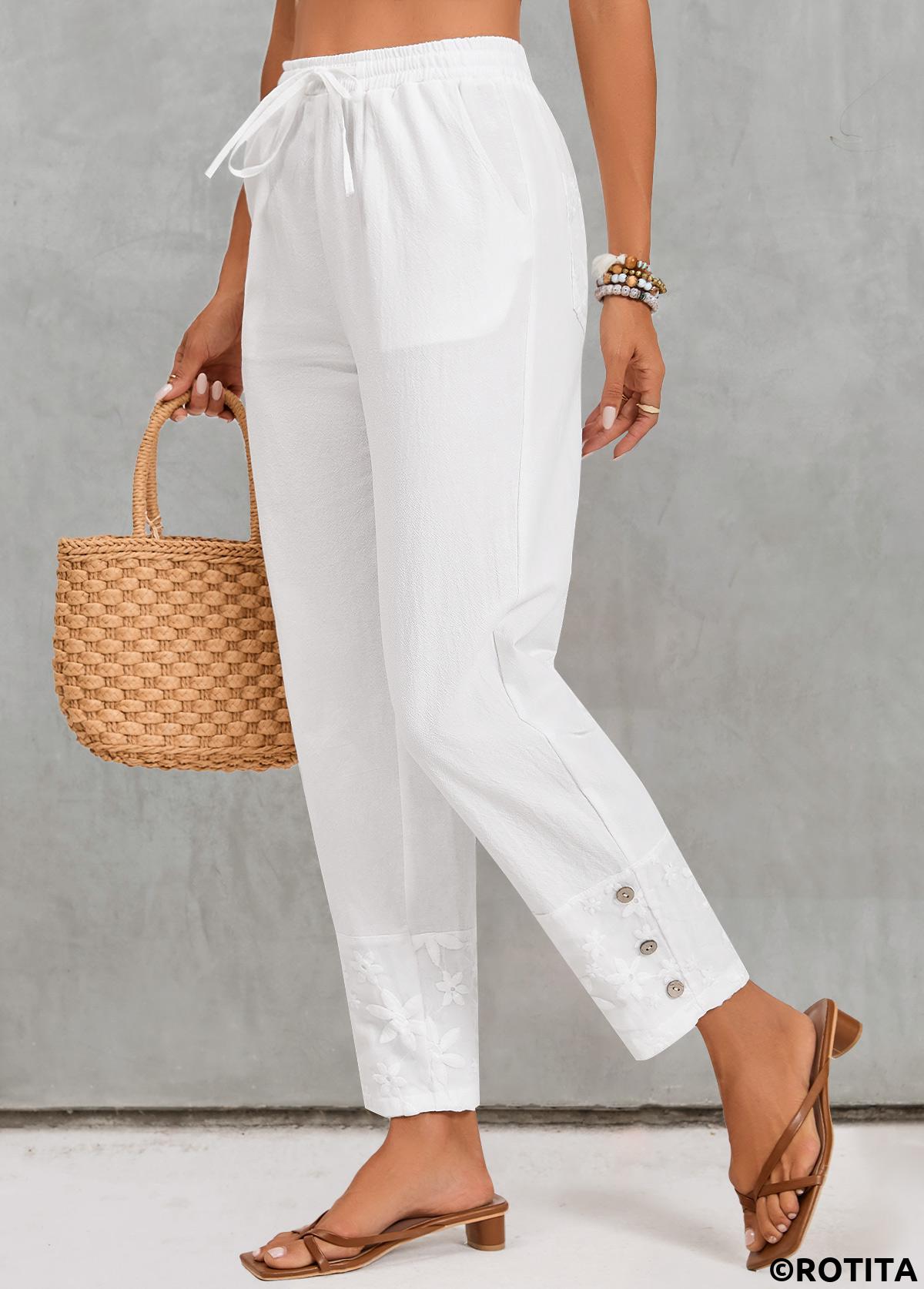 White bottoms,Plain Color bottoms,Pocket White Elastic Waist High Waisted Pants