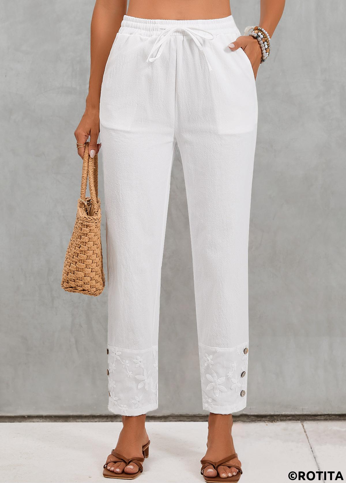 White bottoms,Plain Color bottoms,Pocket White Elastic Waist High Waisted Pants