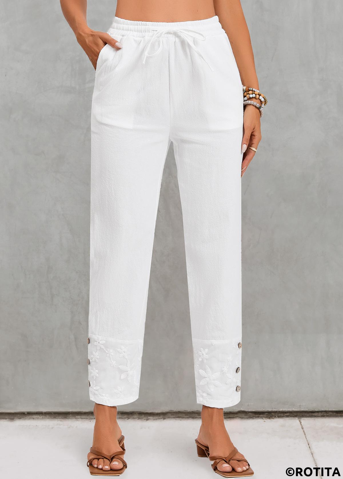 White bottoms,Plain Color bottoms,Pocket White Elastic Waist High Waisted Pants