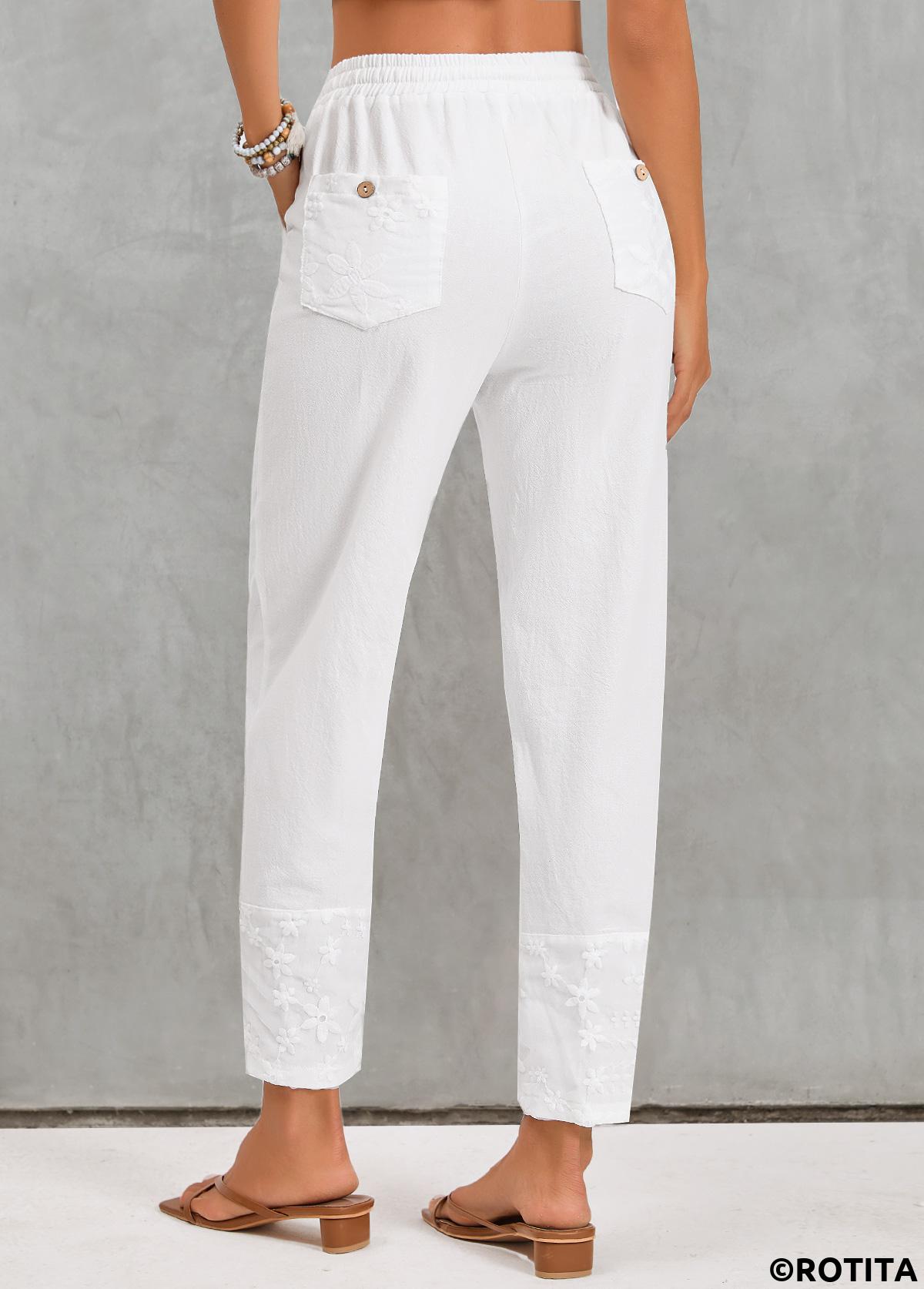 White bottoms,Plain Color bottoms,Pocket White Elastic Waist High Waisted Pants
