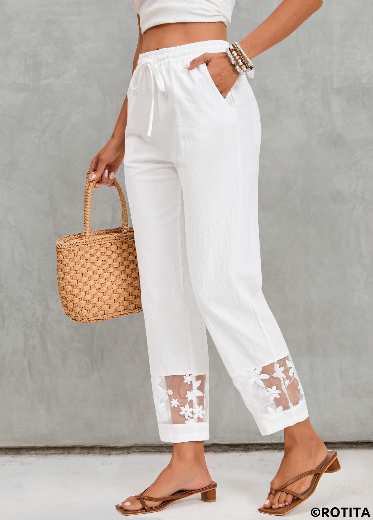 Pocket White Elastic Waist High Waisted Pants