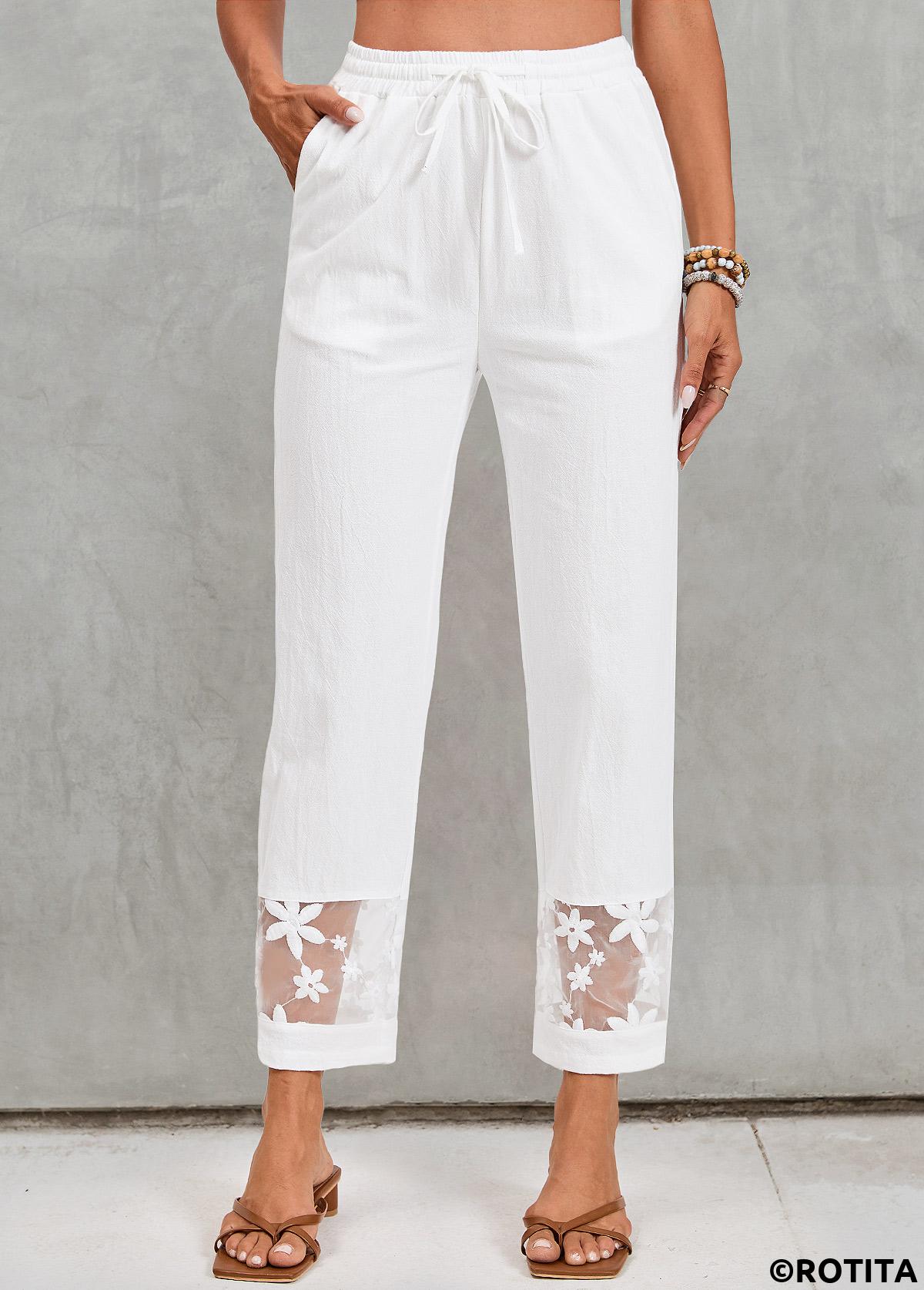 Pocket White Elastic Waist High Waisted Pants