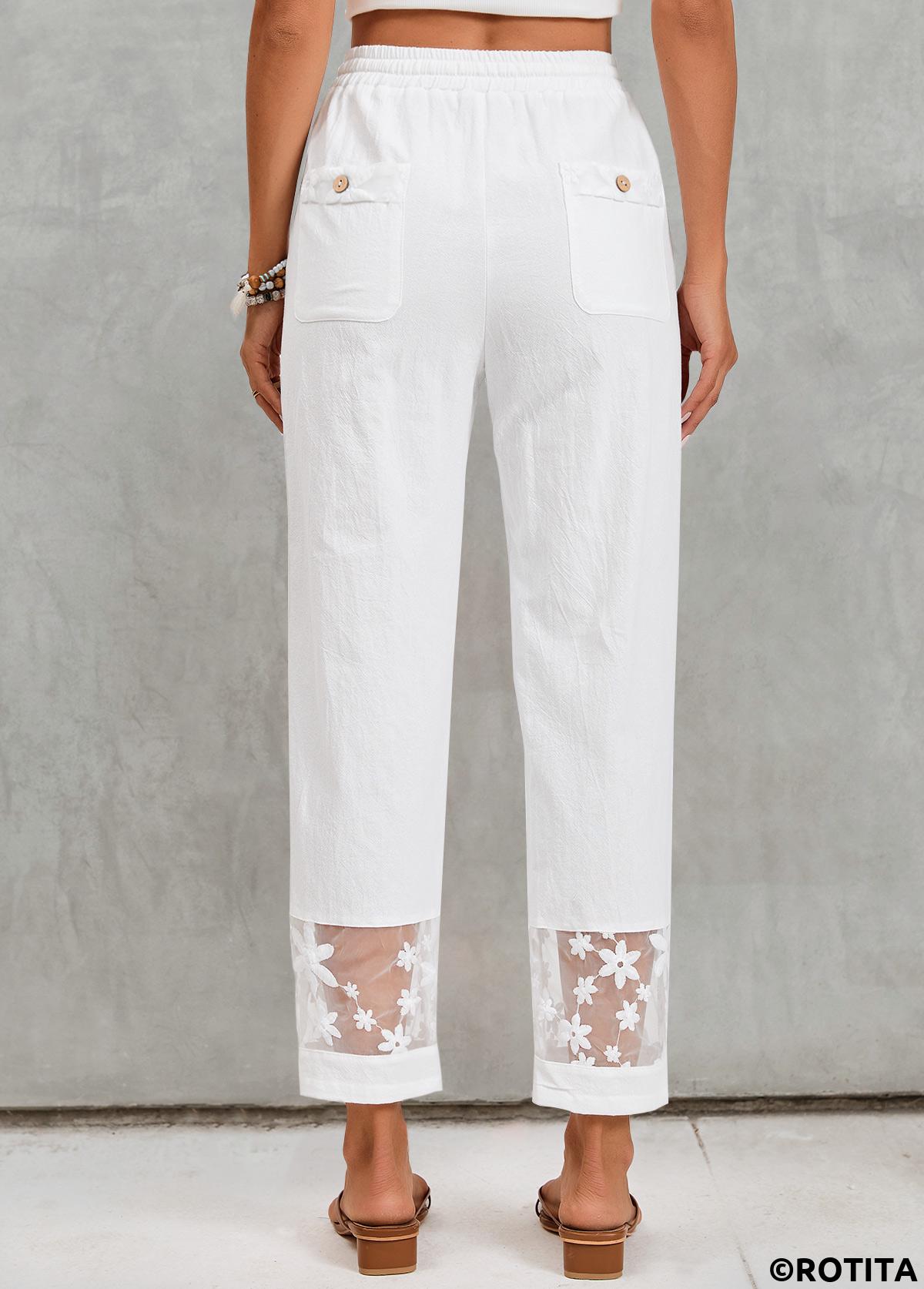 Pocket White Elastic Waist High Waisted Pants