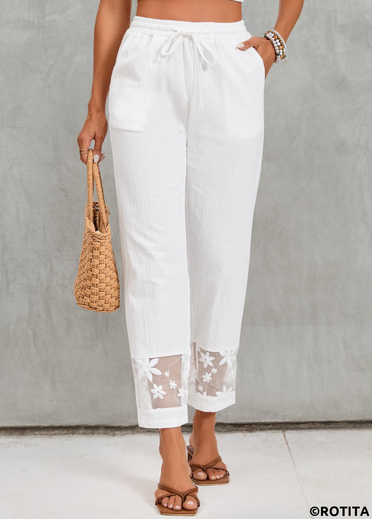 Pocket White Elastic Waist High Waisted Pants
