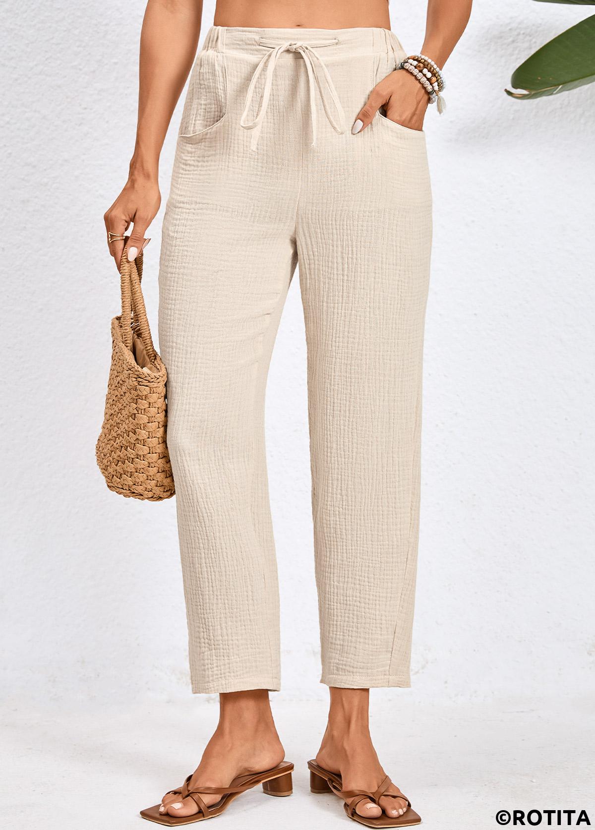 Beige bottoms,Plain Color bottoms,Pocket Beige Drawastring High Waisted Pants