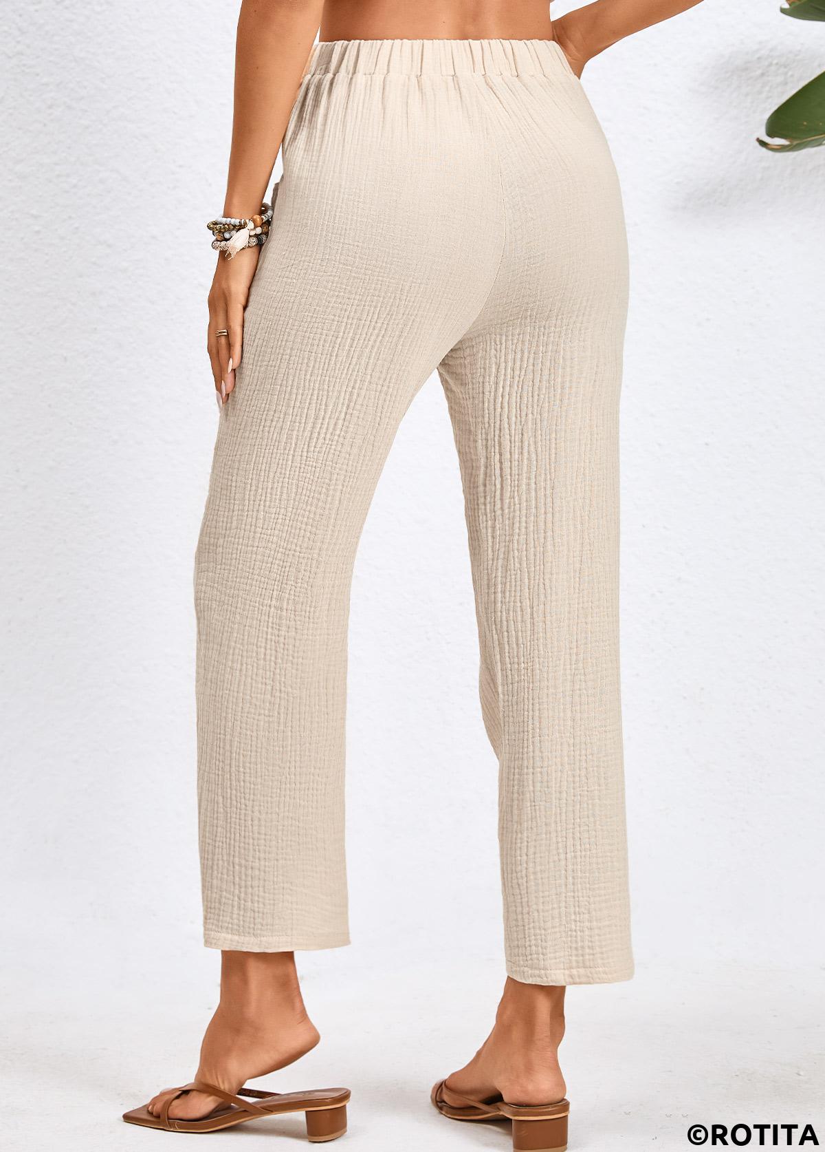 Beige bottoms,Plain Color bottoms,Pocket Beige Drawastring High Waisted Pants