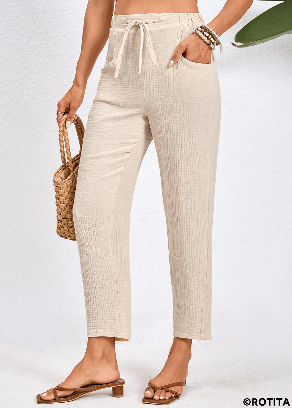 Beige bottoms,Plain Color bottoms,Pocket Beige Drawastring High Waisted Pants