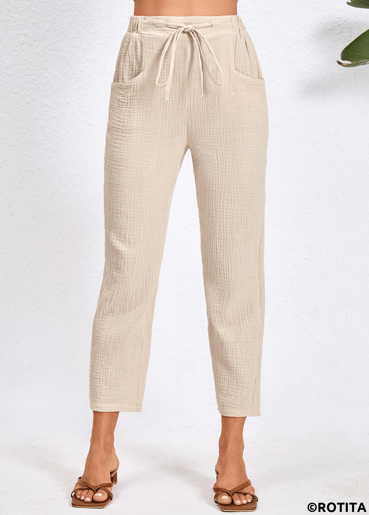 Beige bottoms,Plain Color bottoms,Pocket Beige Drawastring High Waisted Pants