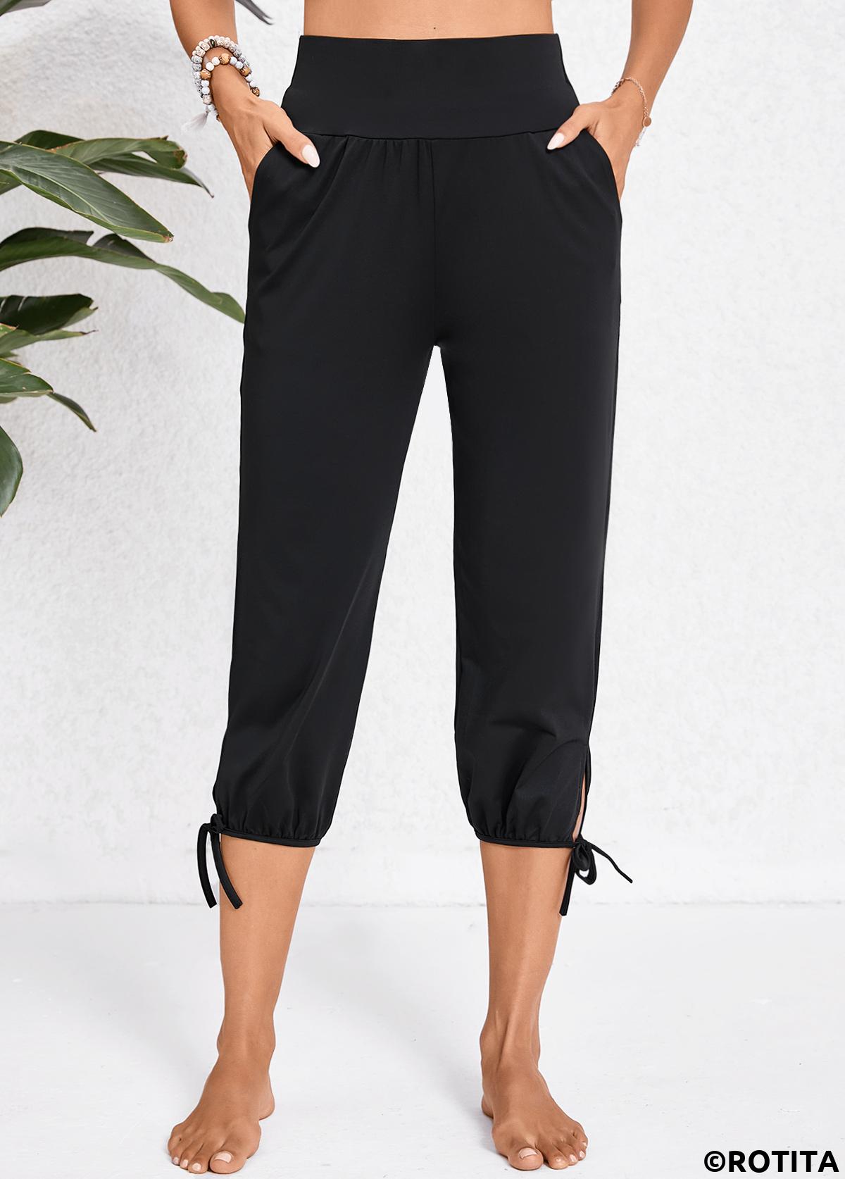 Black bottoms,Plain Color bottoms,Pocket Black Jogger Elastic Waist High Waisted Pants