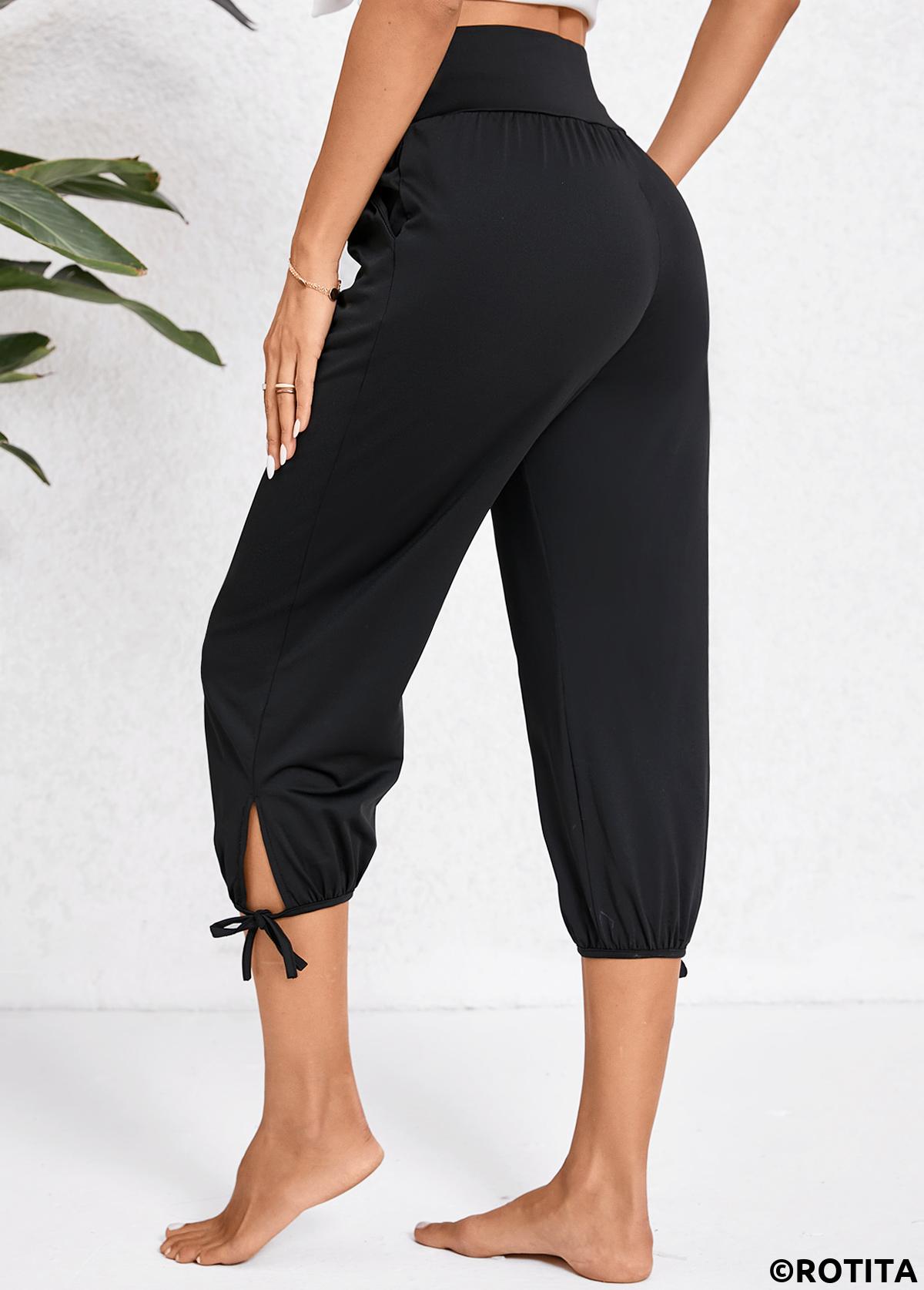 Black bottoms,Plain Color bottoms,Pocket Black Jogger Elastic Waist High Waisted Pants