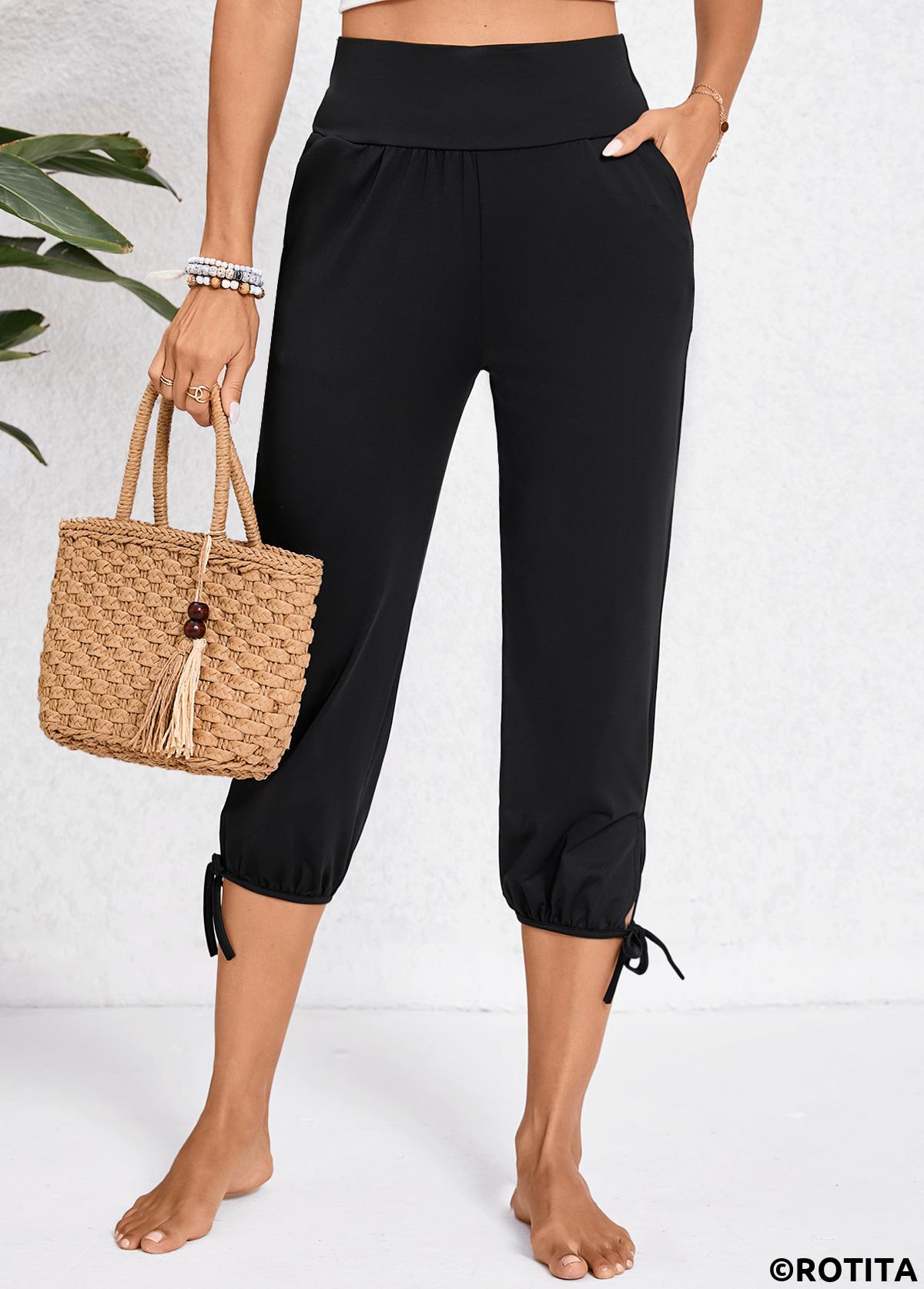 Black bottoms,Plain Color bottoms,Pocket Black Jogger Elastic Waist High Waisted Pants