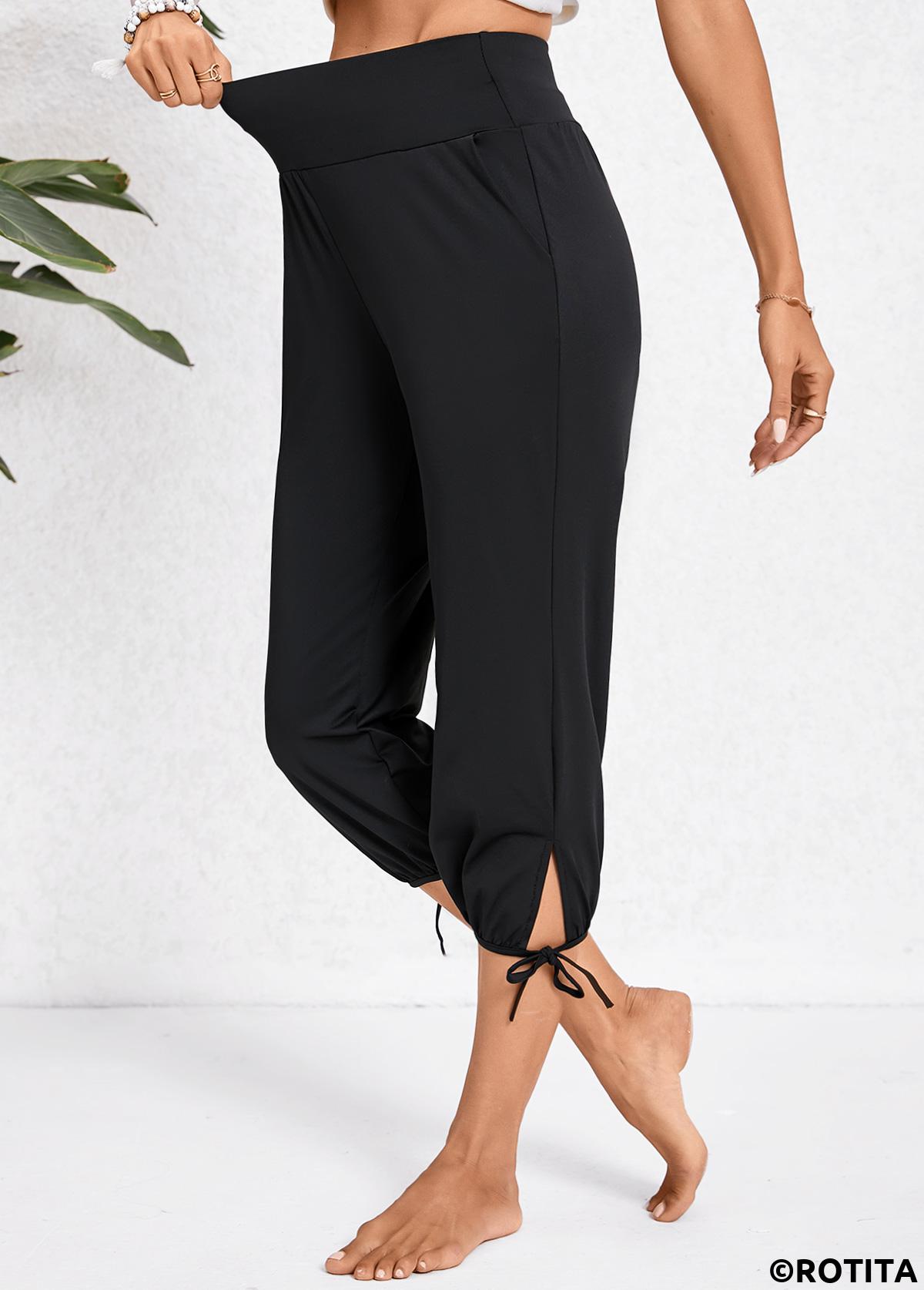 Black bottoms,Plain Color bottoms,Pocket Black Jogger Elastic Waist High Waisted Pants