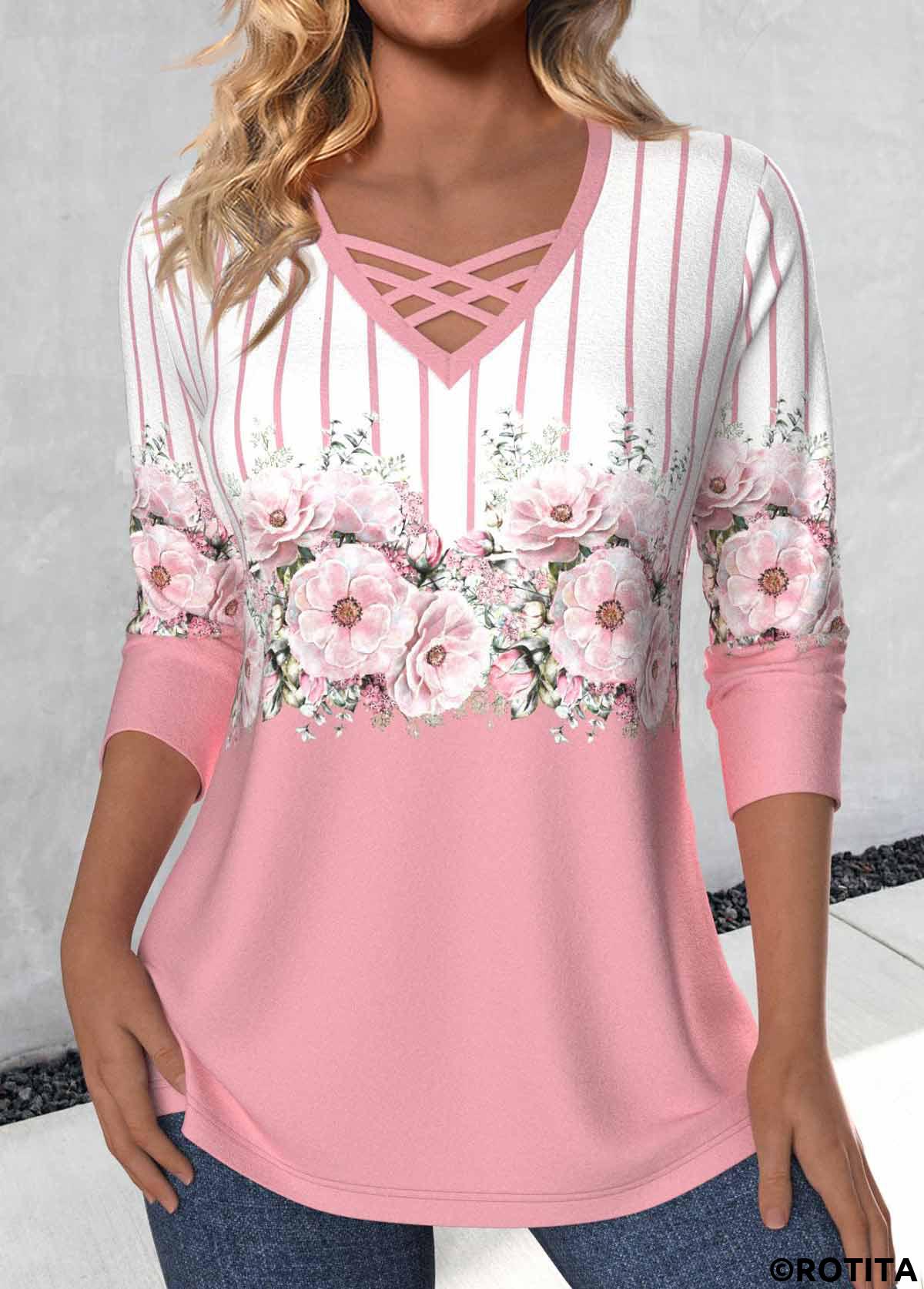 Pink tops,White tops,Floral tops,Plants tops,Striped tops,ROTITA Criss Cross Floral Print Pink V Neck T Shirt