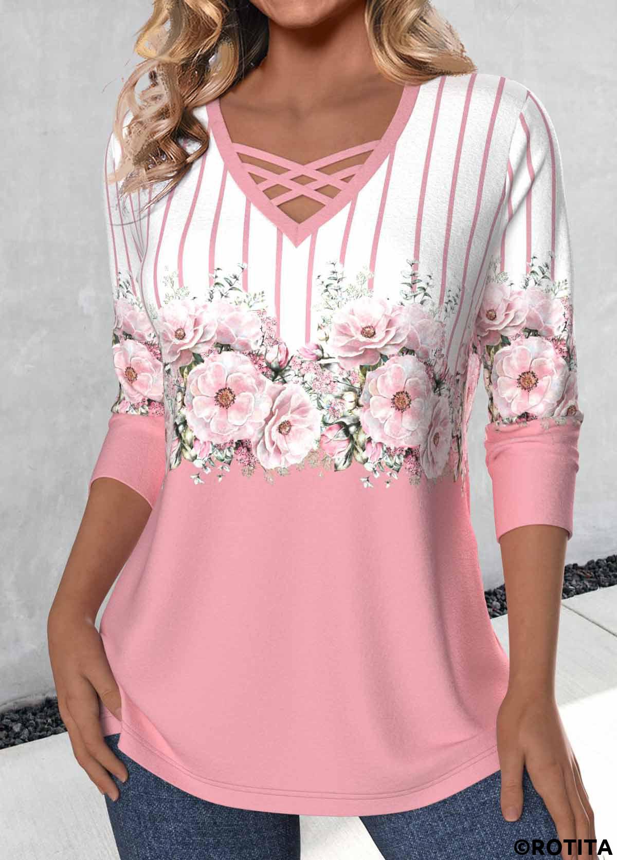 Pink tops,White tops,Floral tops,Plants tops,Striped tops,ROTITA Criss Cross Floral Print Pink V Neck T Shirt