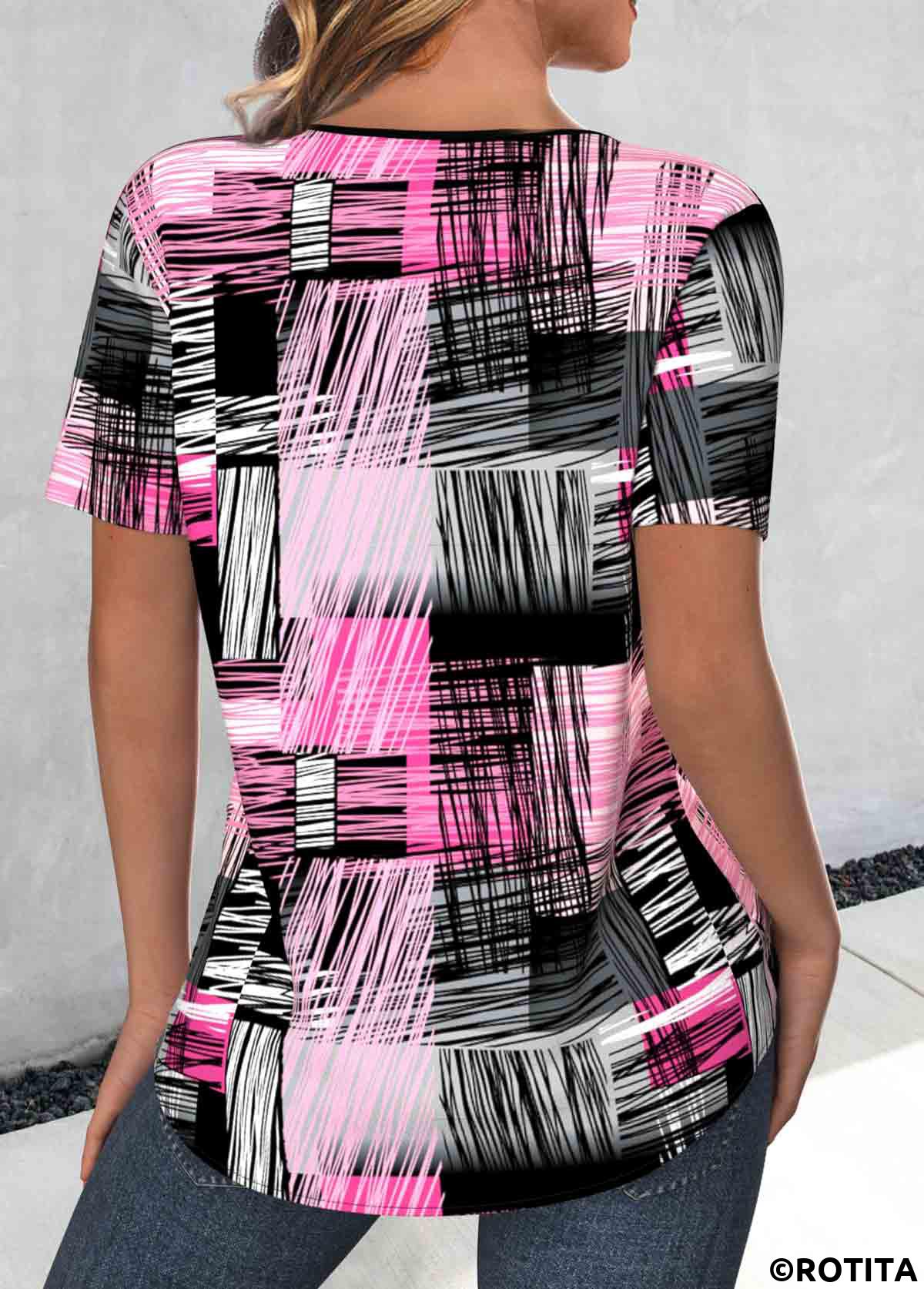 ROTITA Lace Up Geometric Print Hot Pink T Shirt