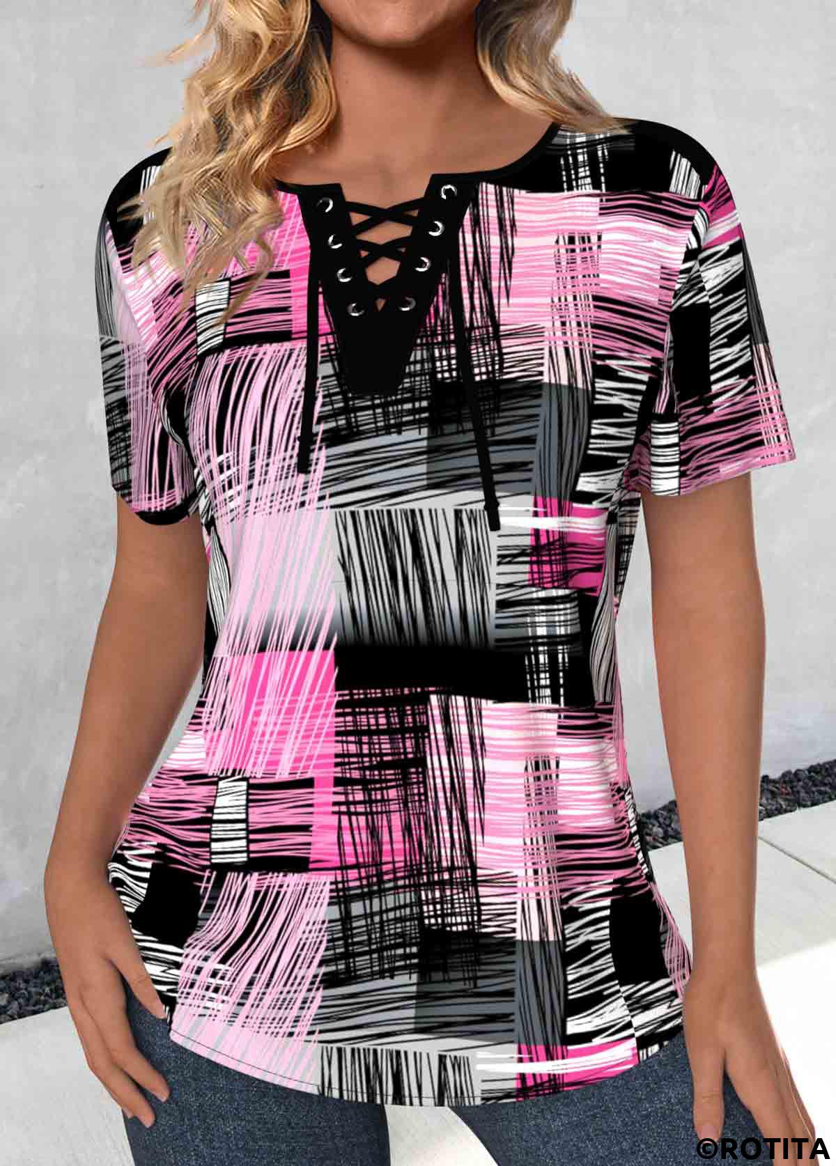 ROTITA Lace Up Geometric Print Hot Pink T Shirt
