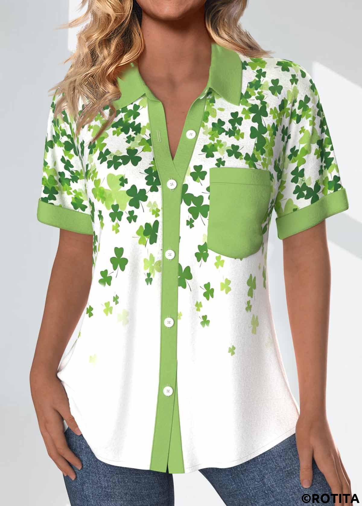 Avocado Green tops,White tops,Saint Patrick tops,ROTITA Patchwork Saint Patrick's Day Print Avocado Green Blouse