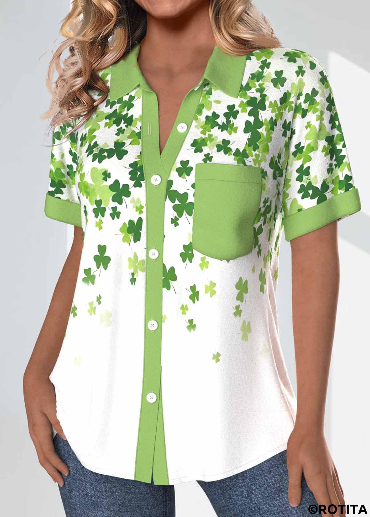 Avocado Green tops,White tops,Saint Patrick tops,ROTITA Patchwork Saint Patrick's Day Print Avocado Green Blouse