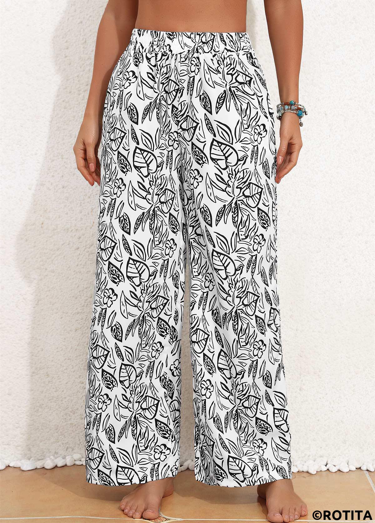 Pocket Leaf Print White Elastic Waist High Waisted Pants