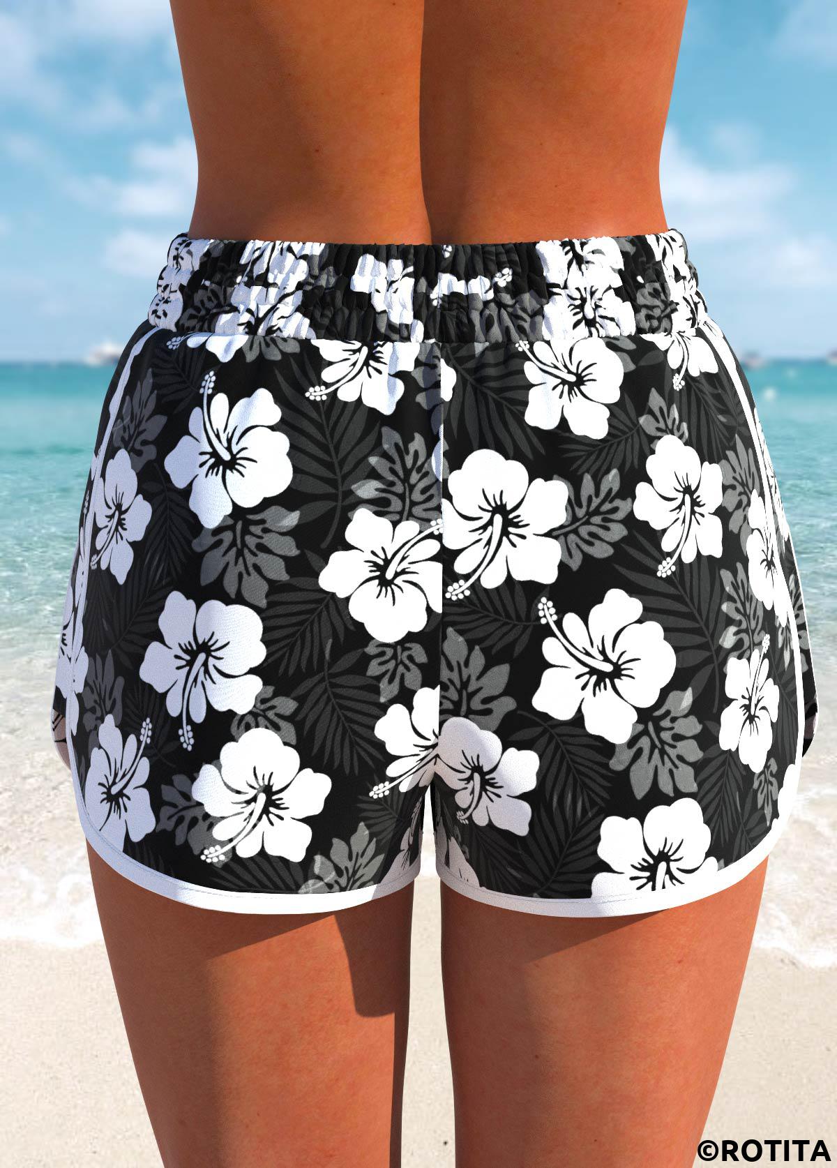 Black swimwear,White swimwear,Floral swimwear,Plants swimwear,ROTITA Black Floral Print High Waisted Swim Shorts