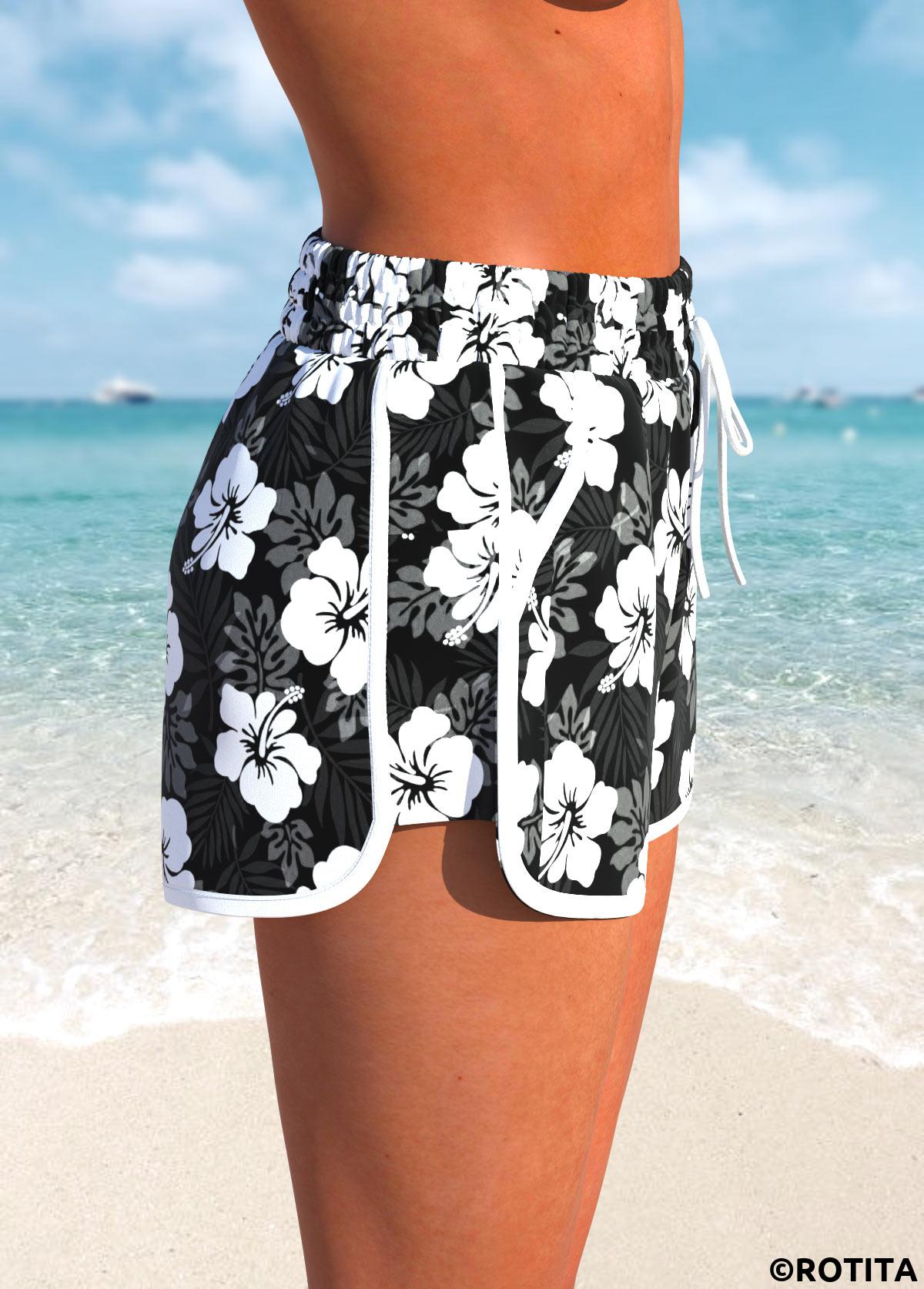 Black swimwear,White swimwear,Floral swimwear,Plants swimwear,ROTITA Black Floral Print High Waisted Swim Shorts