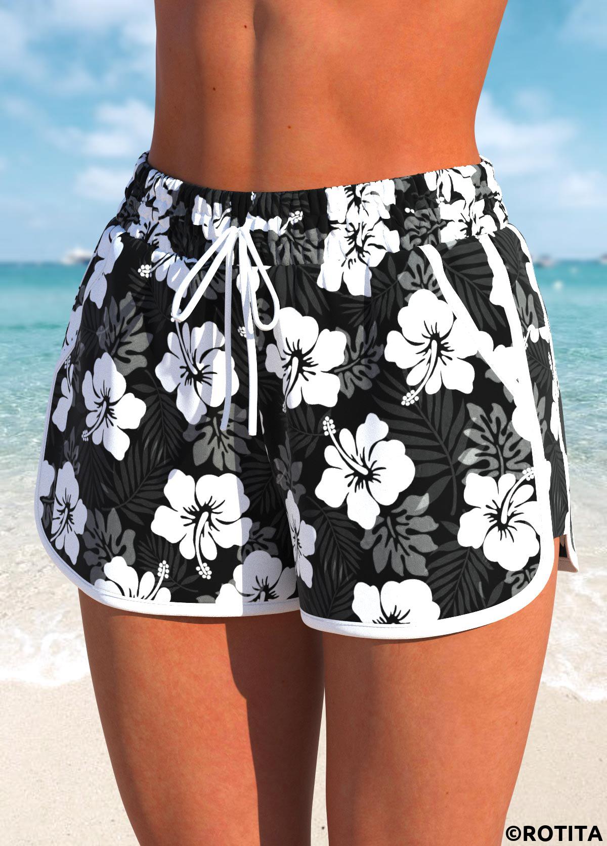 Black swimwear,White swimwear,Floral swimwear,Plants swimwear,ROTITA Black Floral Print High Waisted Swim Shorts