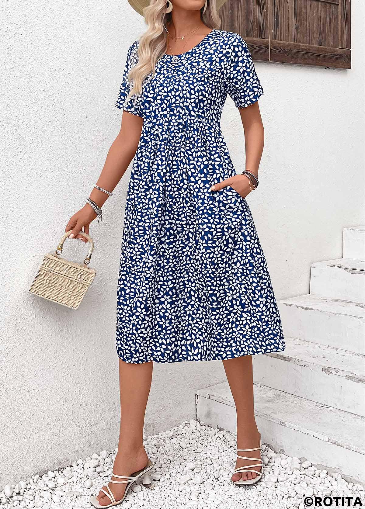 Navy dresses,Ditsy Floral dresses,Plants dresses,Vacation dresses,Vacation dresses,Pocket Ditsy Floral Print Navy Round Neck Dress