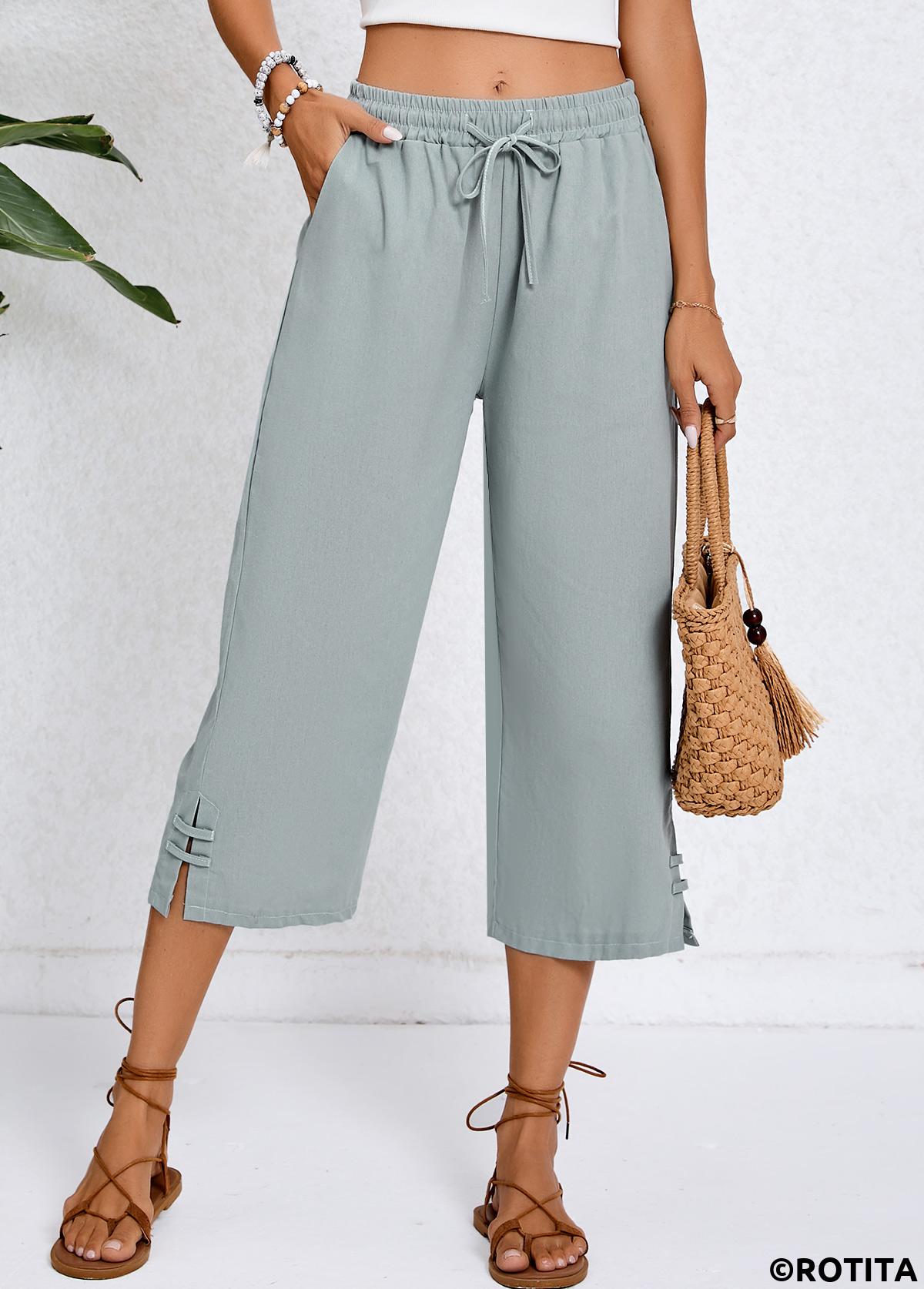 Grey bottoms,Plain Color bottoms,Pocket Grey Elastic Waist High Waisted Pants