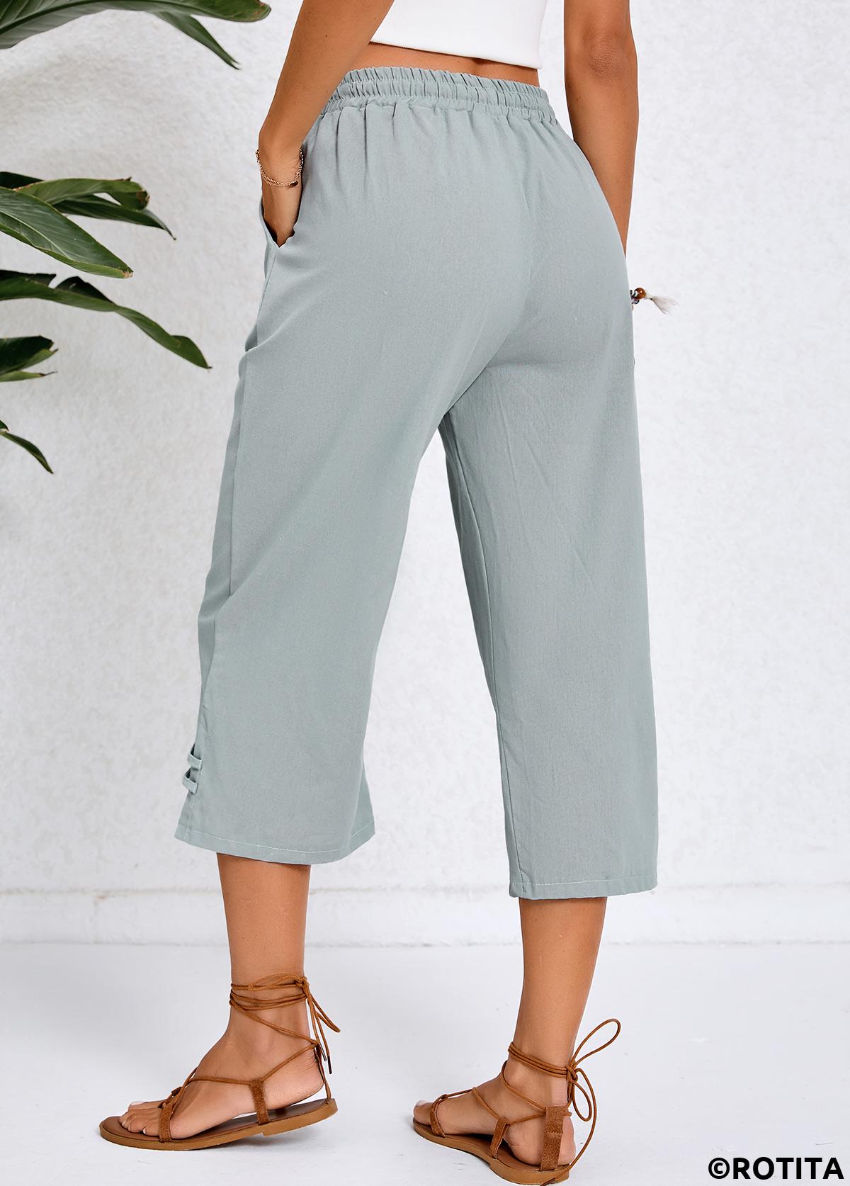 Grey bottoms,Plain Color bottoms,Pocket Grey Elastic Waist High Waisted Pants