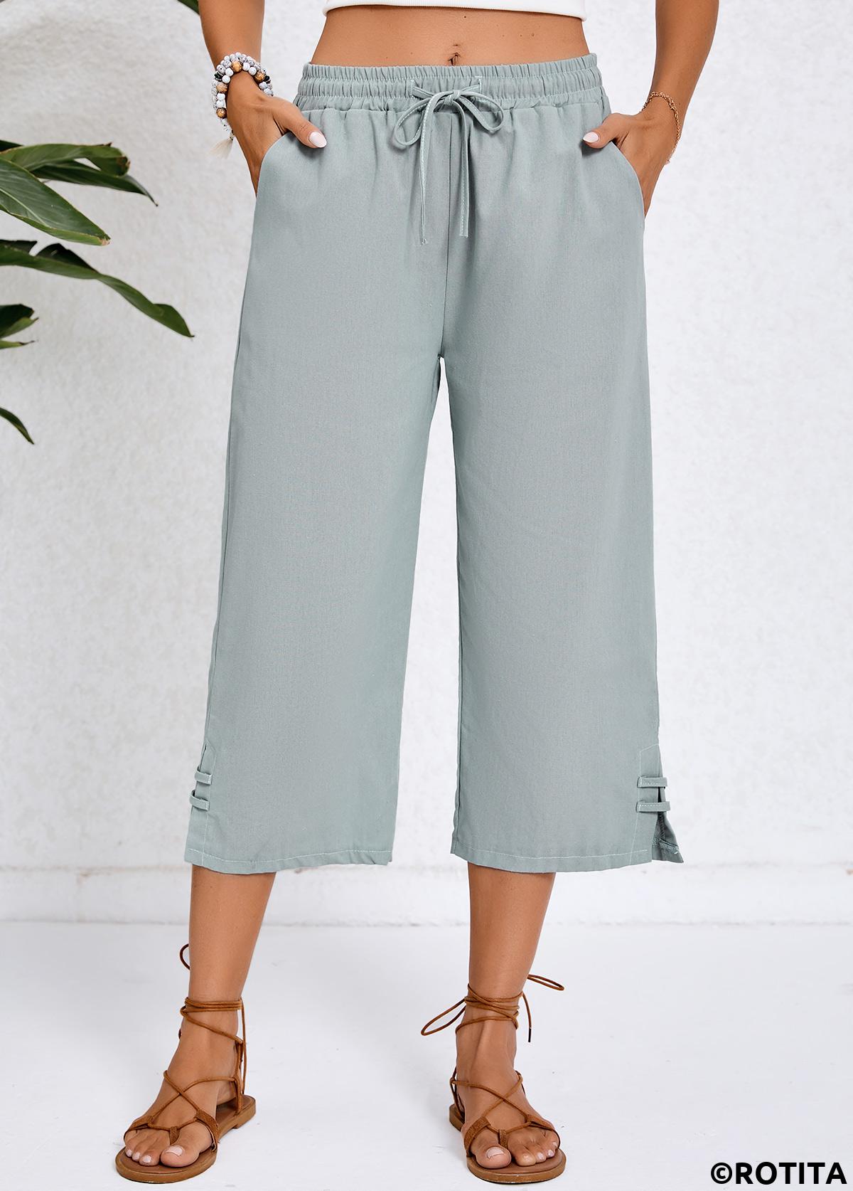 Grey bottoms,Plain Color bottoms,Pocket Grey Elastic Waist High Waisted Pants