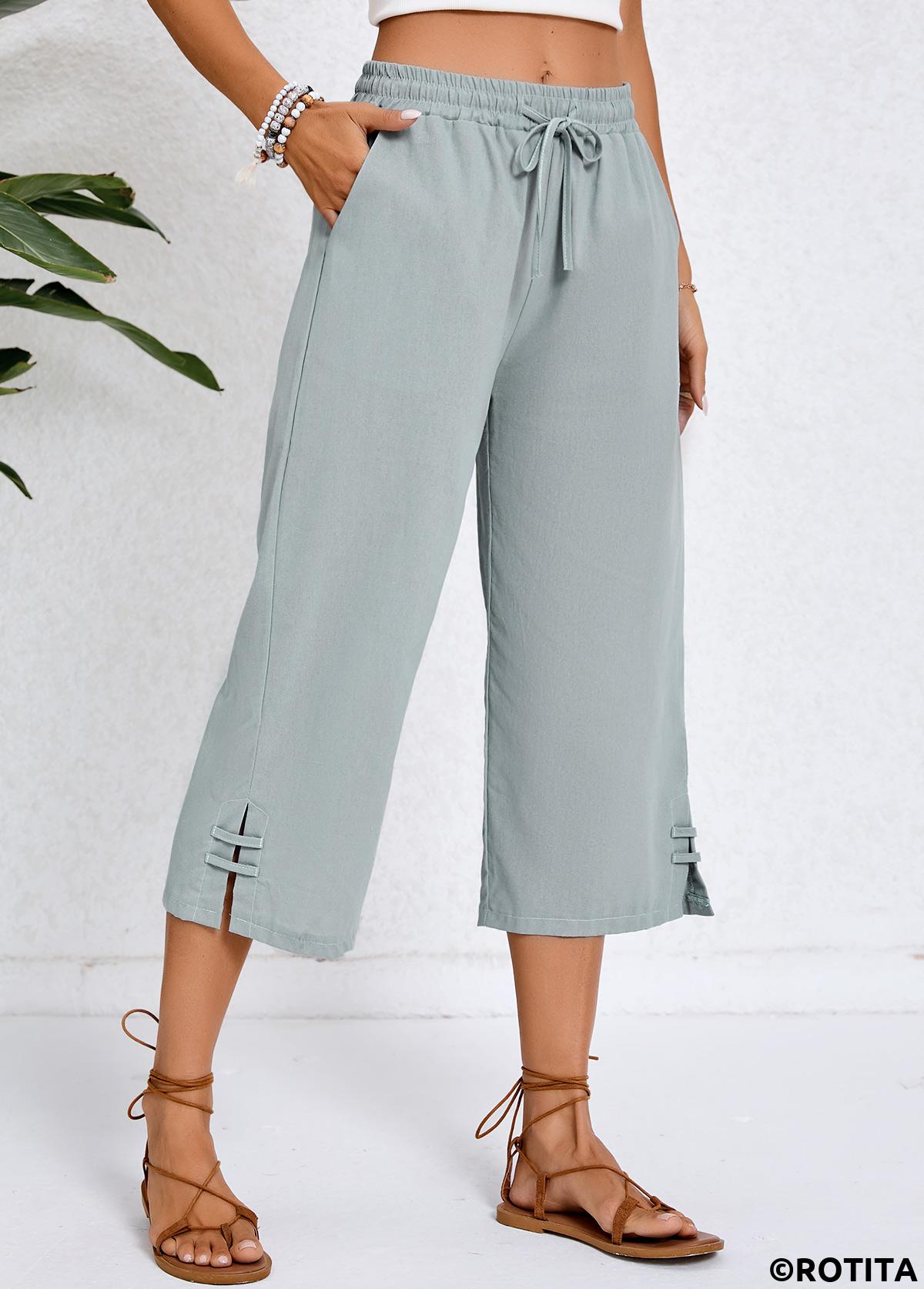 Grey bottoms,Plain Color bottoms,Pocket Grey Elastic Waist High Waisted Pants