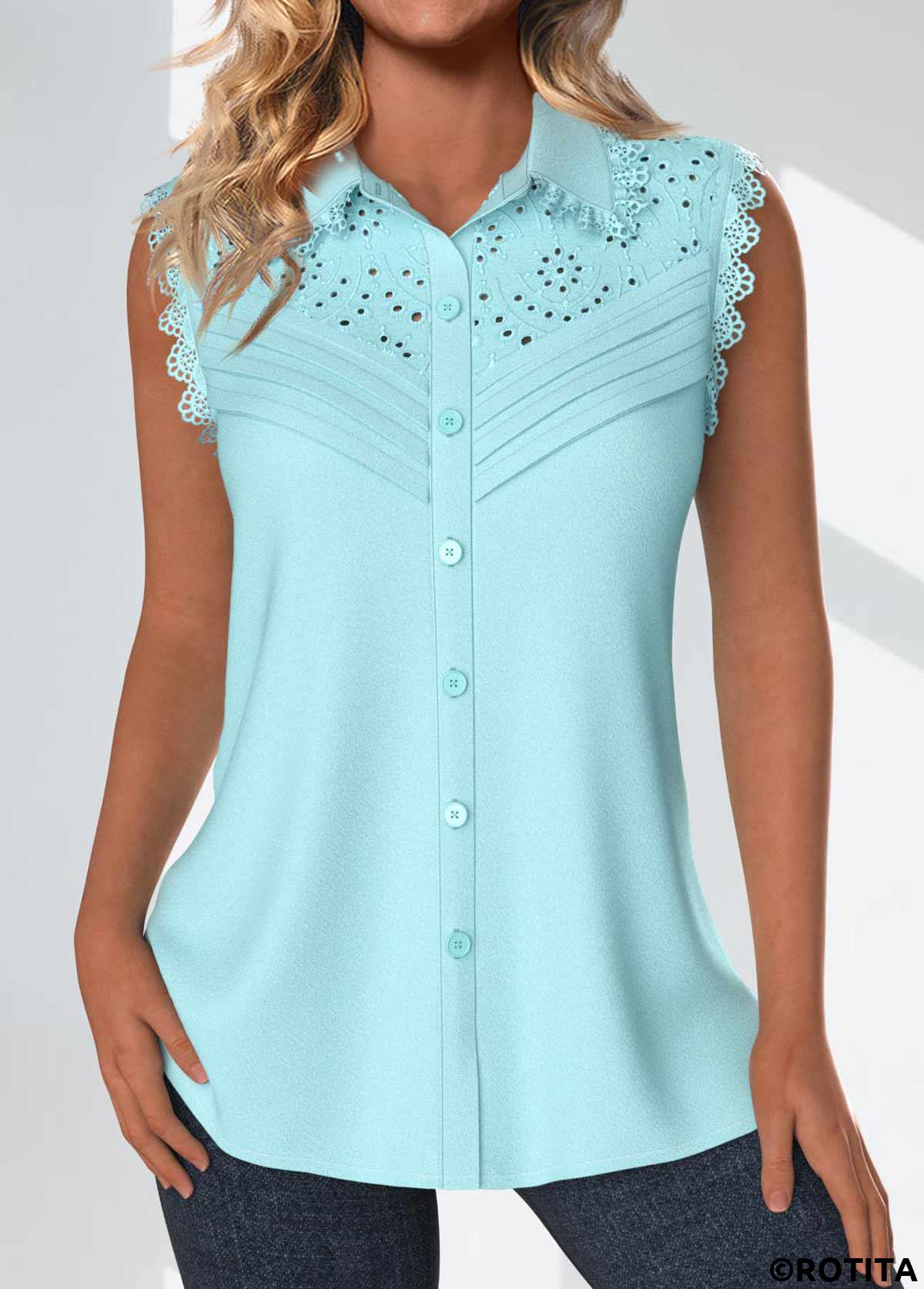 débardeur sans manches col chemise bleu clair rotita tuck stitch