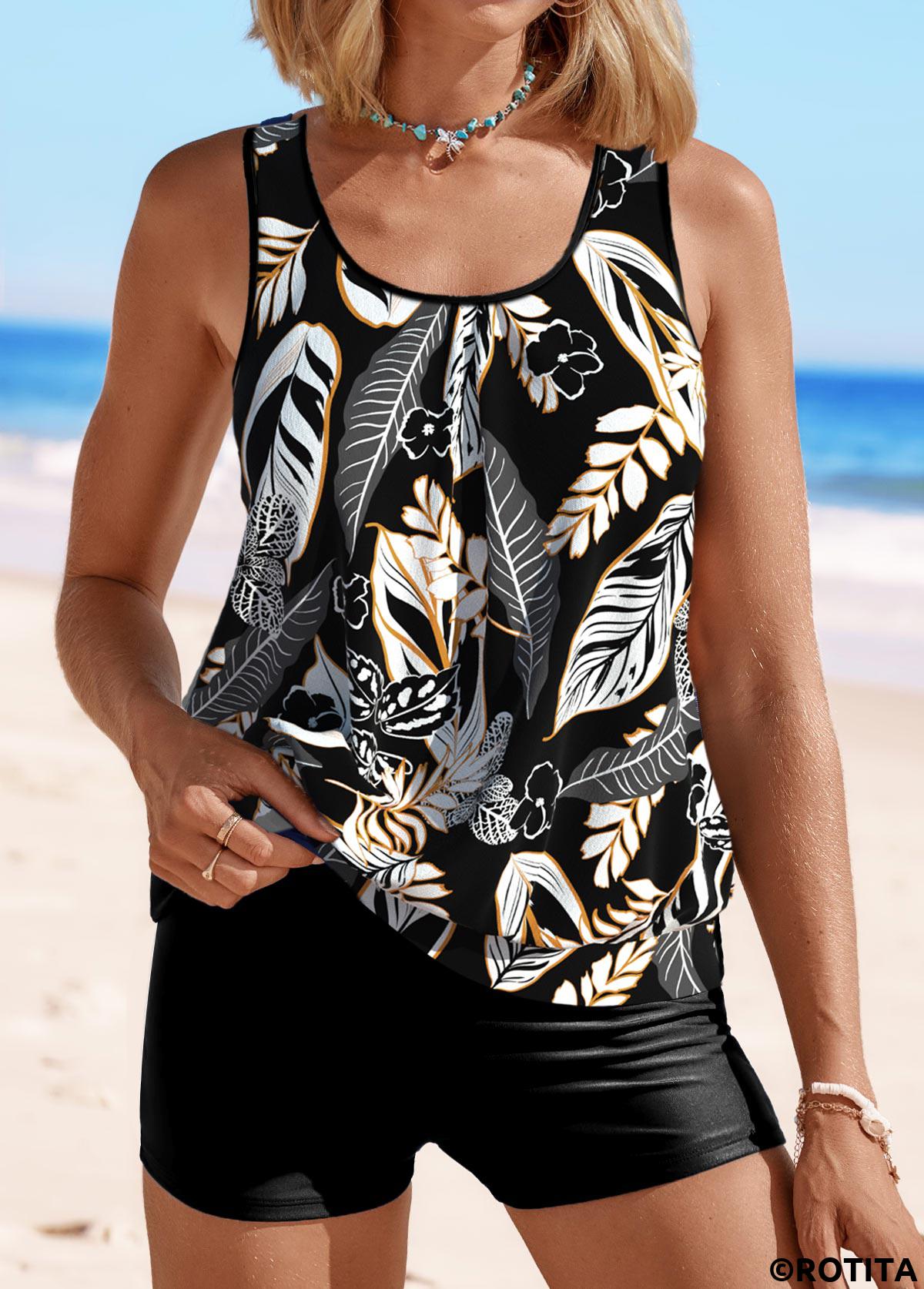 Black swimwear,Plants swimwear,Floral swimwear,ROTITA Patchwork Black Leaf Print Tankini Top