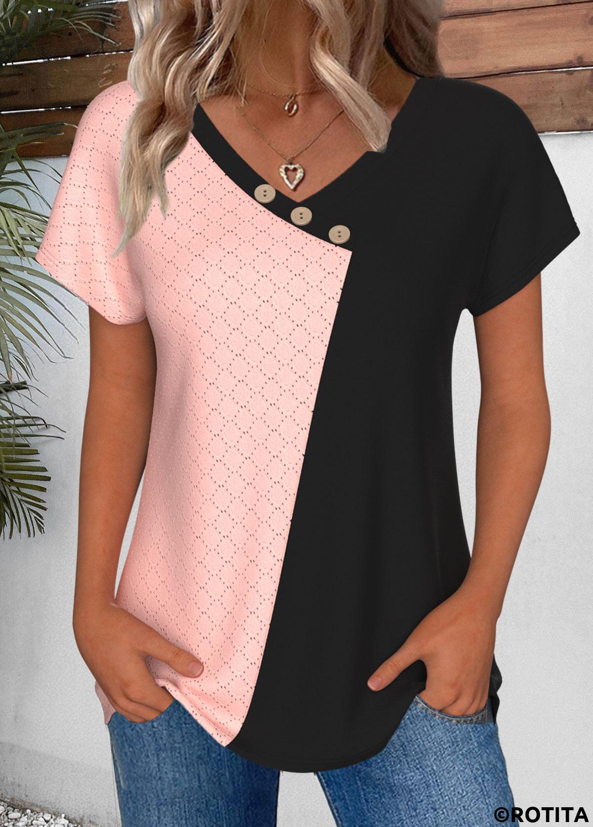 Light Pink plus size,Black plus size,Contrast Color plus size,ROTITA Plus Size Patchwork Light Pink V Neck T Shirt