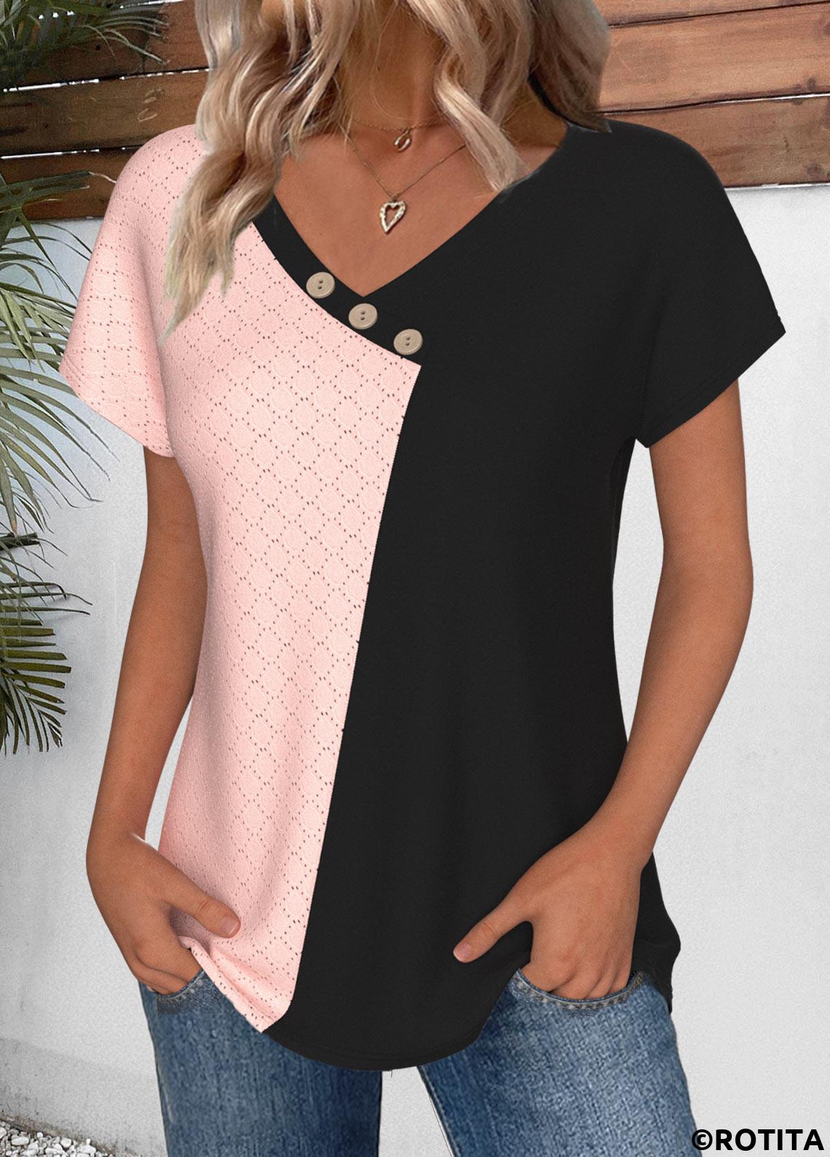 Light Pink plus size,Black plus size,Contrast Color plus size,ROTITA Plus Size Patchwork Light Pink V Neck T Shirt