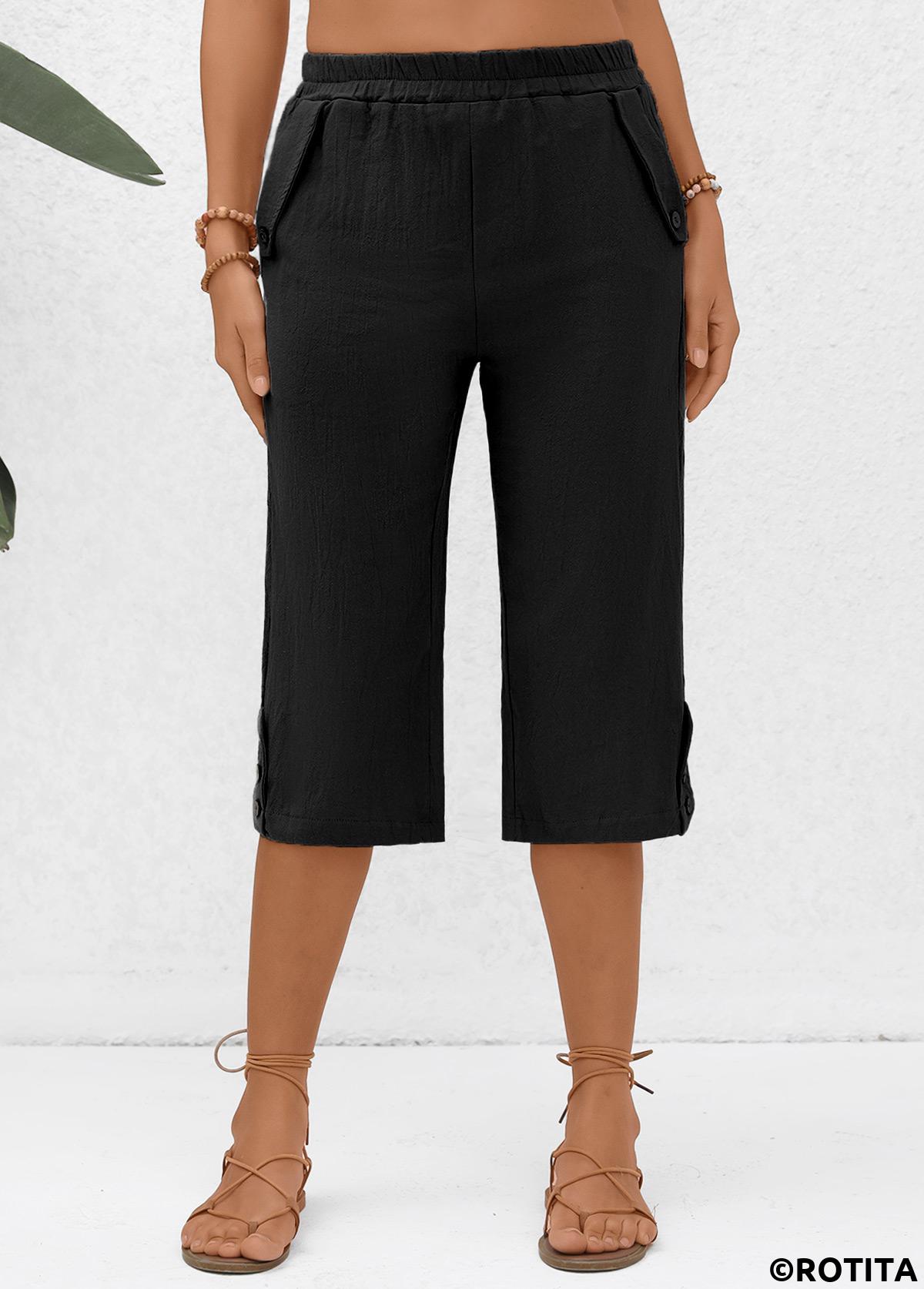 Black bottoms,Plain Color bottoms,Pocket Black Elastic Waist High Waisted Pants