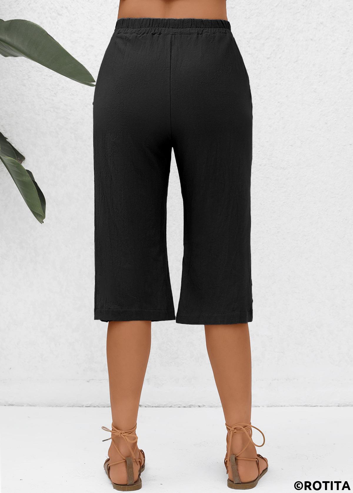 Black bottoms,Plain Color bottoms,Pocket Black Elastic Waist High Waisted Pants