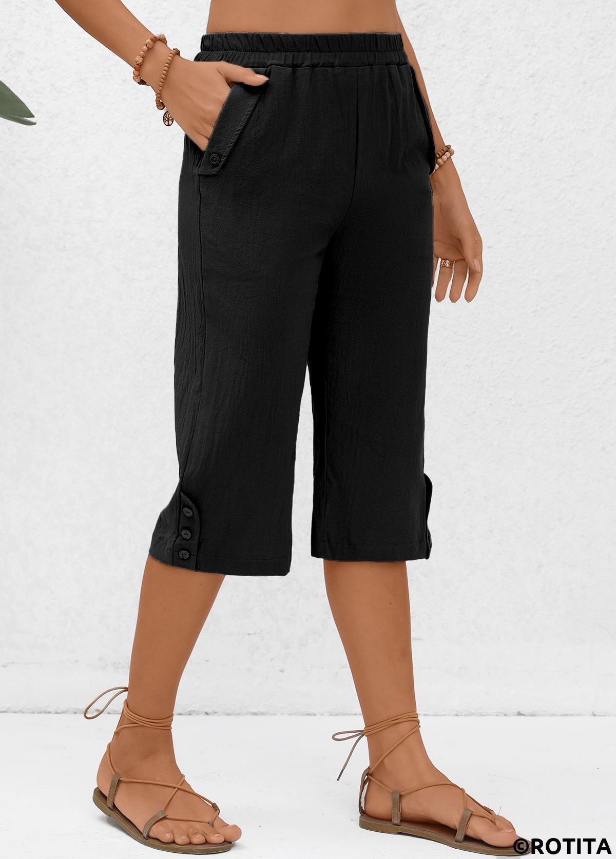 Black bottoms,Plain Color bottoms,Pocket Black Elastic Waist High Waisted Pants