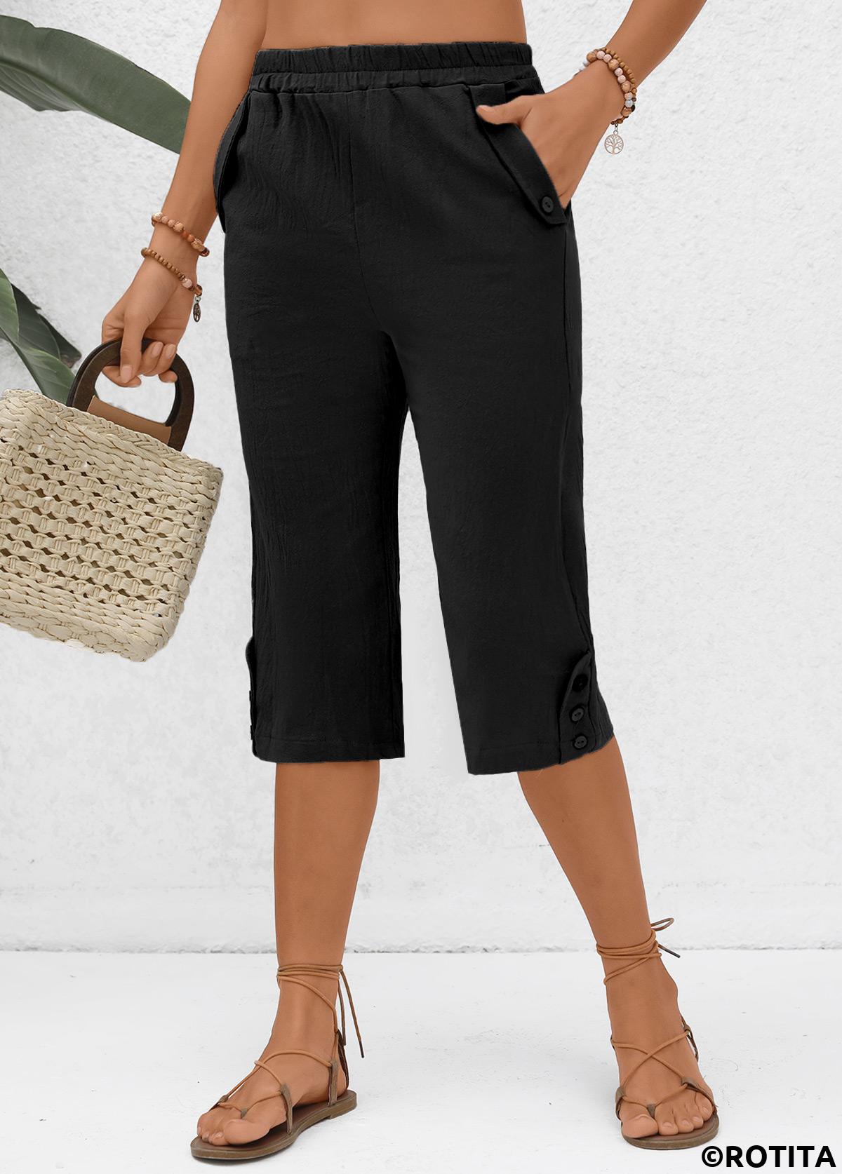 Black bottoms,Plain Color bottoms,Pocket Black Elastic Waist High Waisted Pants