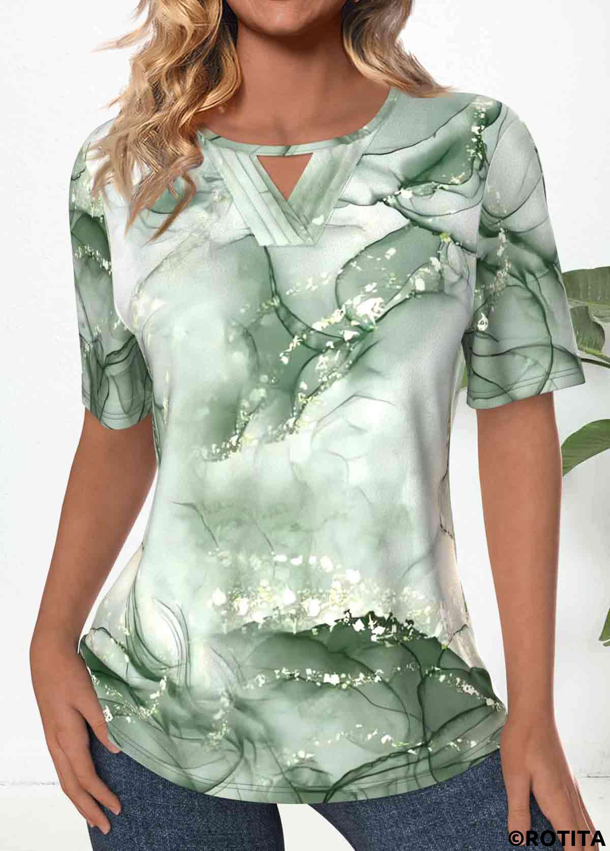 Light Green tops,Marble tops,ROTITA Tuck Stitch Marble Print Light Green T Shirt