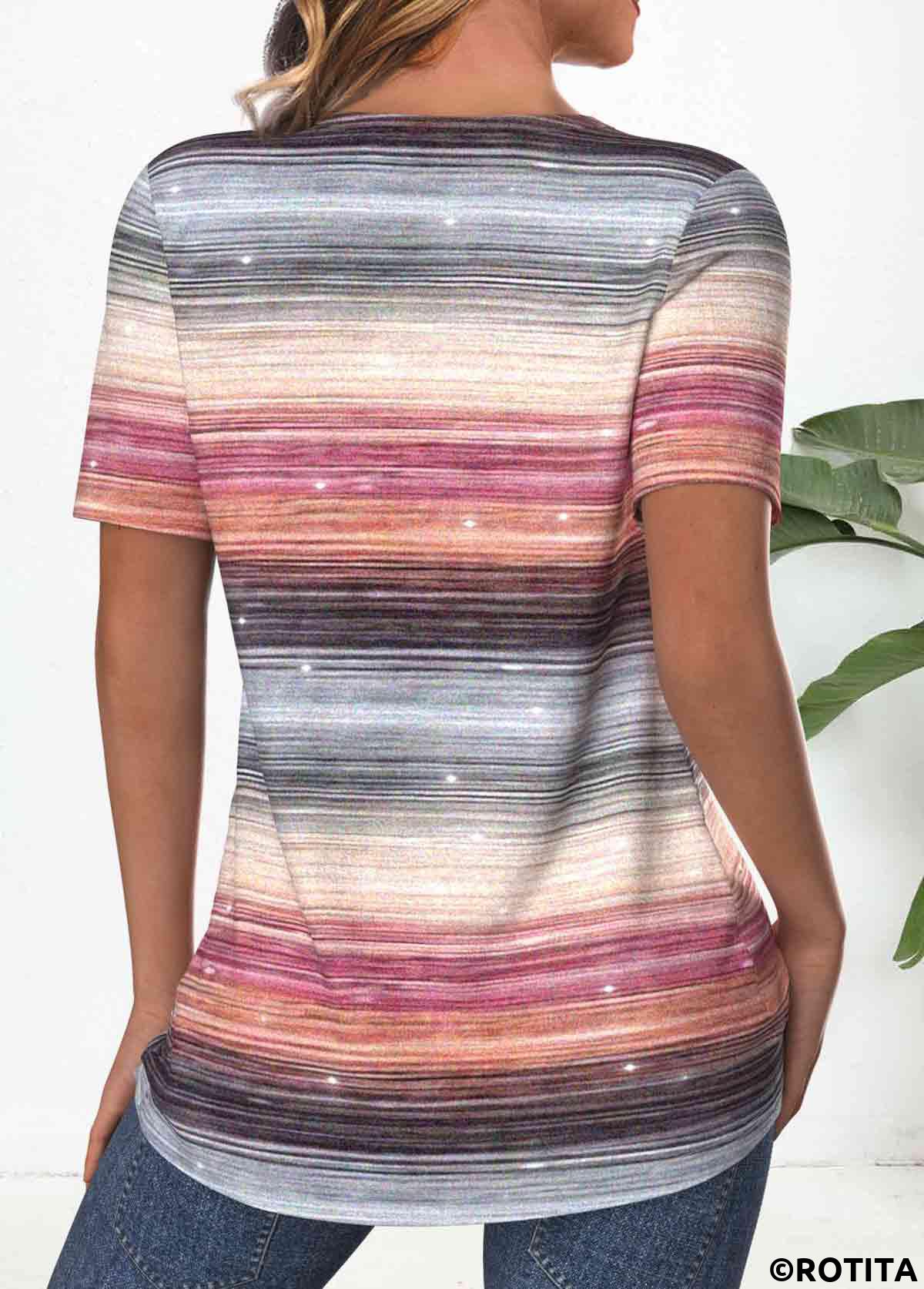 T-shirt à col en V multicolore à rayures croisées Rotita
