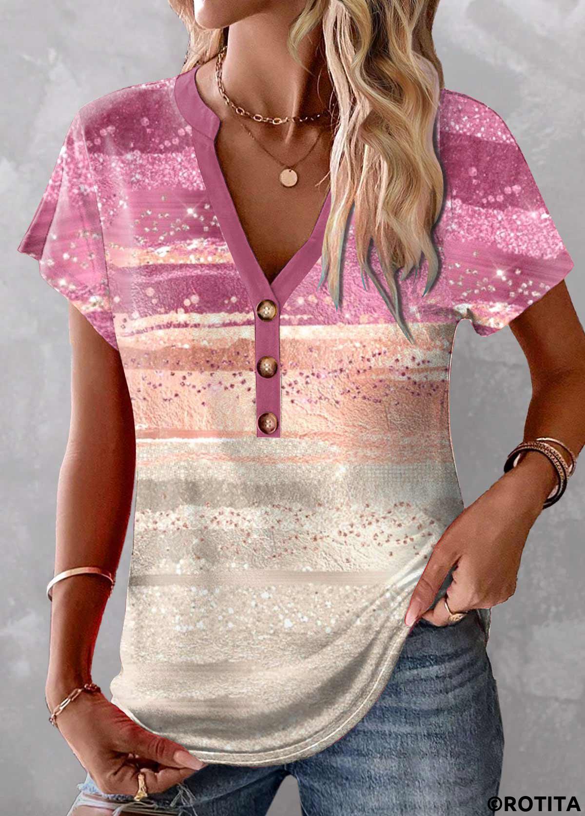 ROTITA Patchwork Ombre Pink V Neck Short Sleeve T Shirt