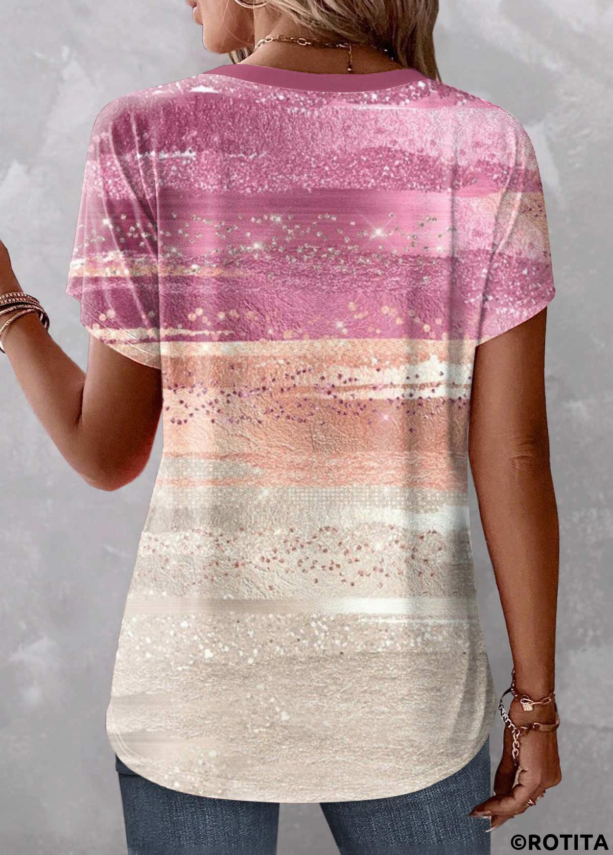 ROTITA Patchwork Ombre Pink V Neck Short Sleeve T Shirt