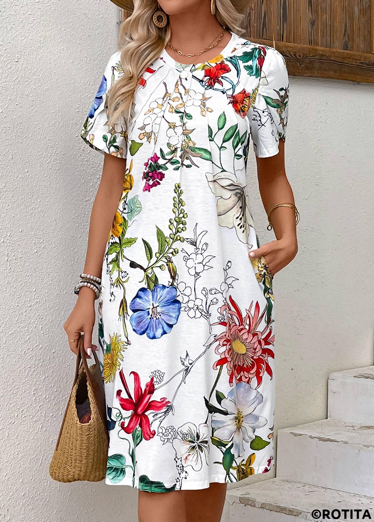 White dresses,Floral dresses,Plants dresses,Everyday dresses,Casual dresses,Pleated Floral Print White Round Neck Short Sleeve Dress